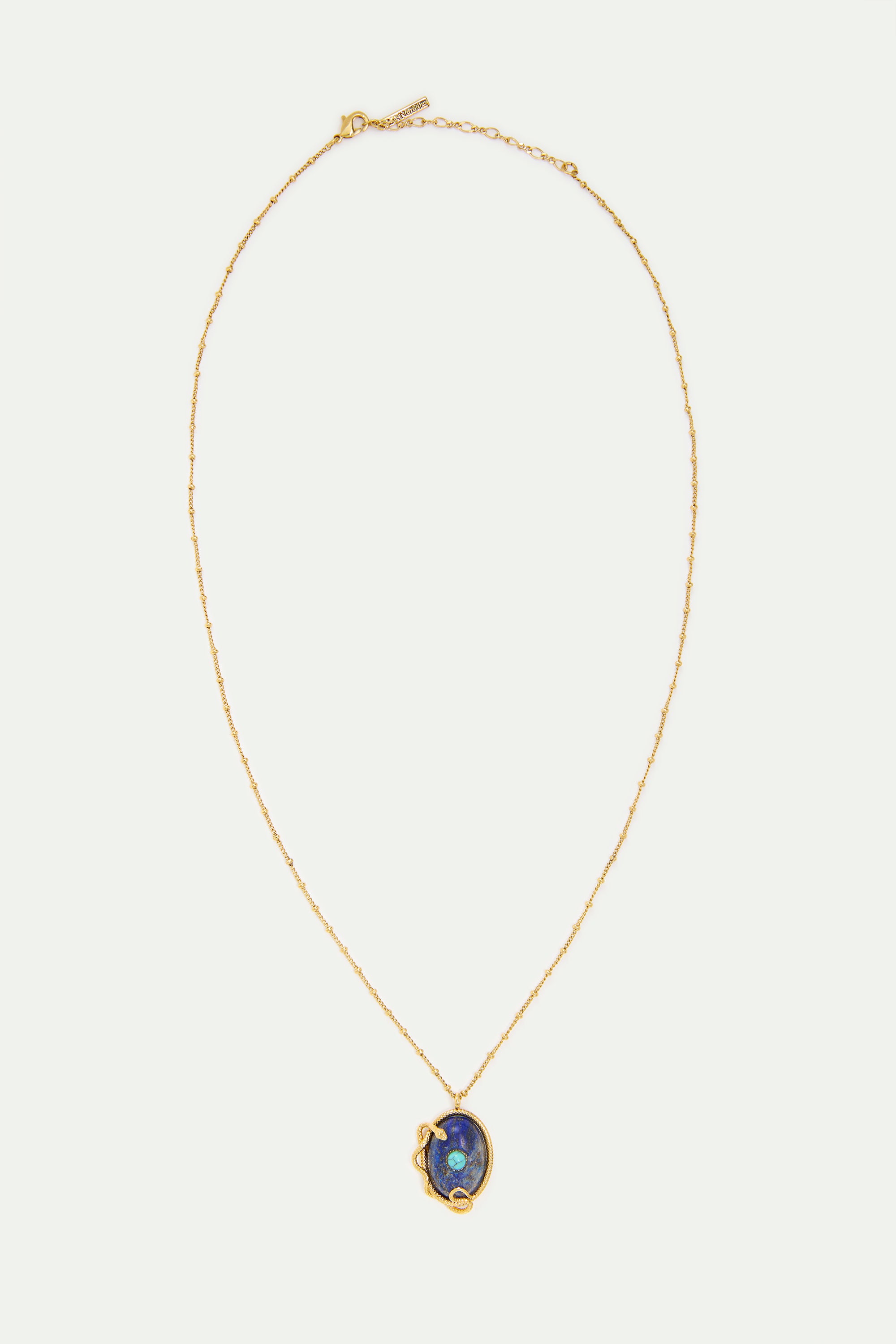 Lapis lazuli, turquoise and gold snake pendant necklace