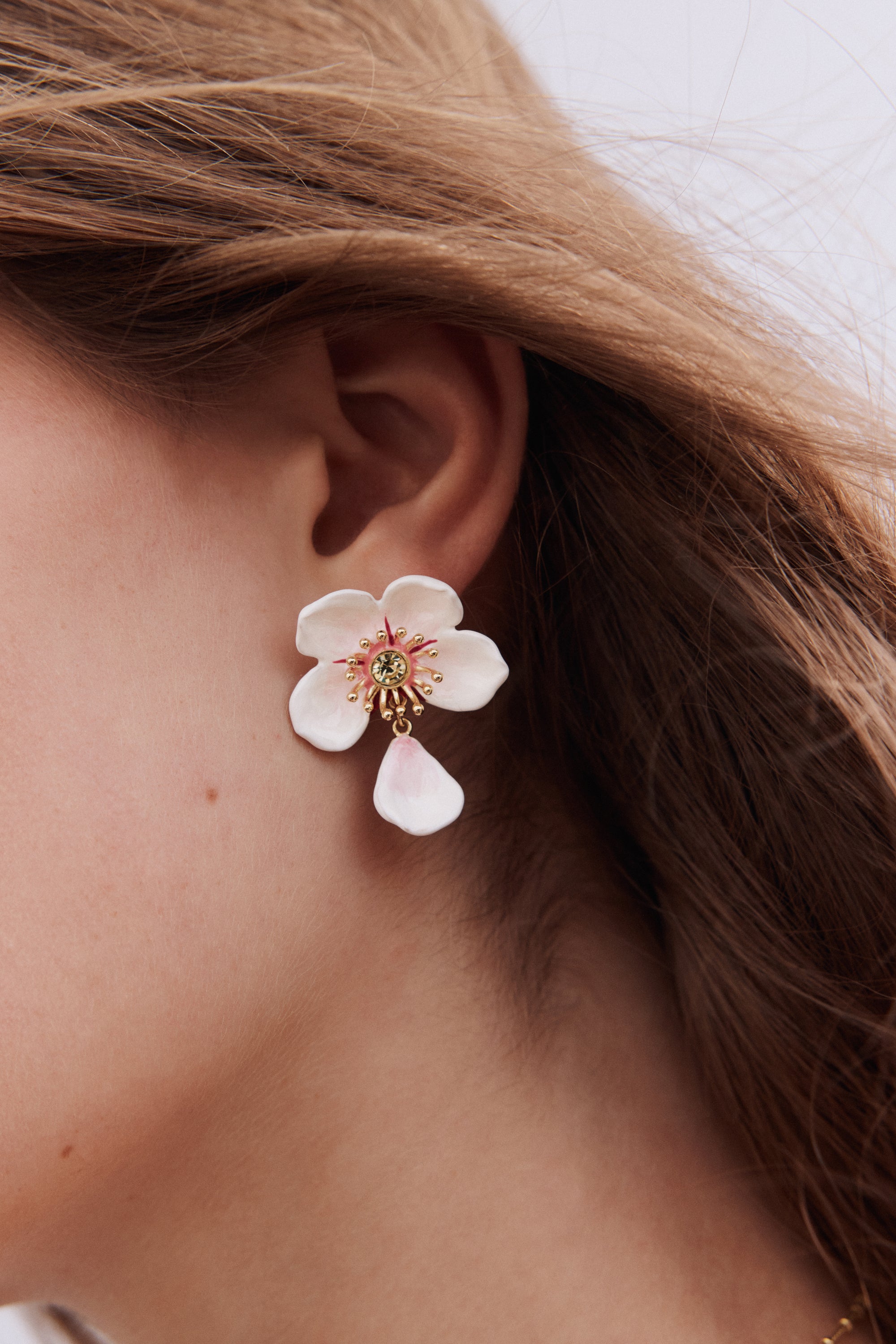 White cherry blossom dangling clip-on earrings