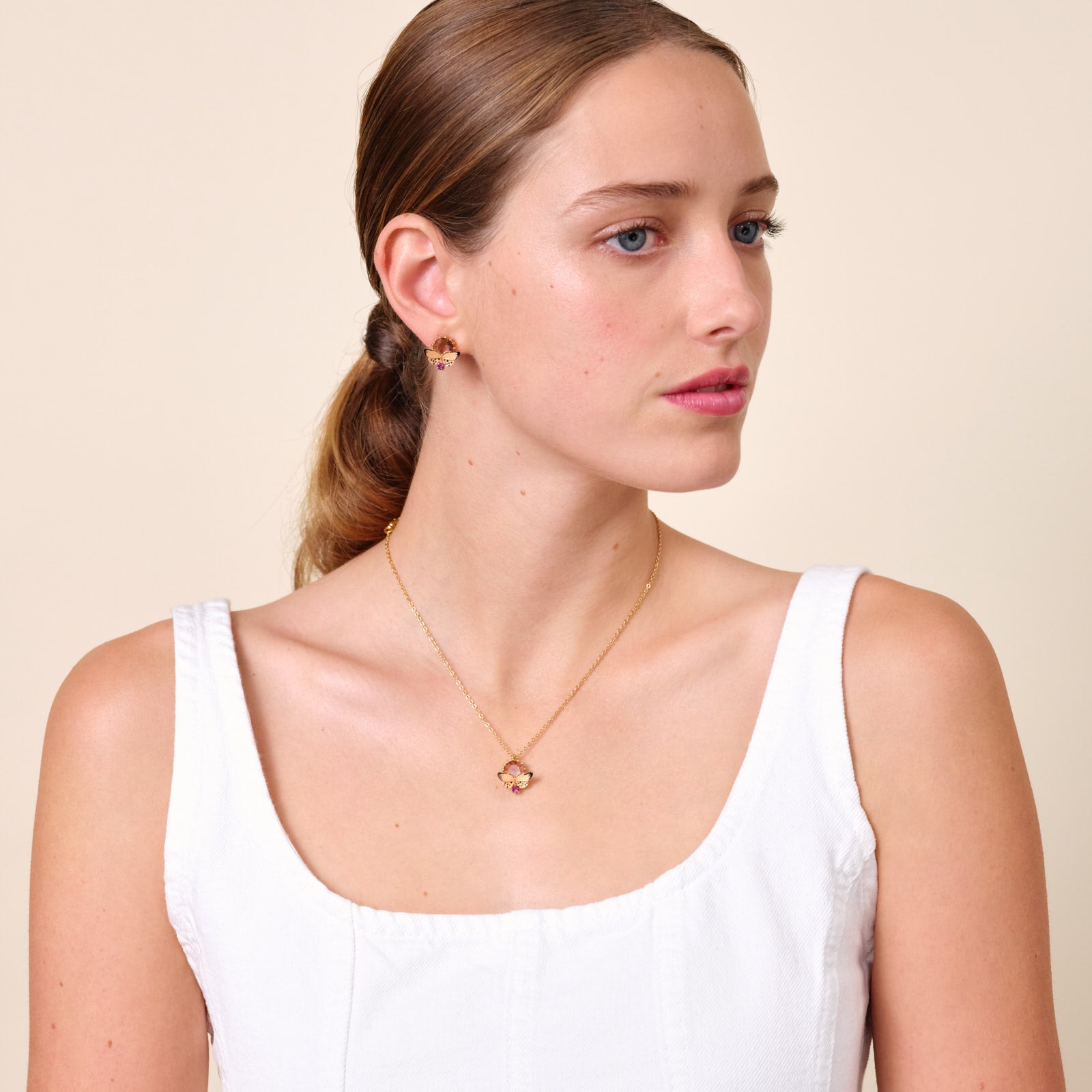 Enamelled butterfly and cut glass stone pendant necklace