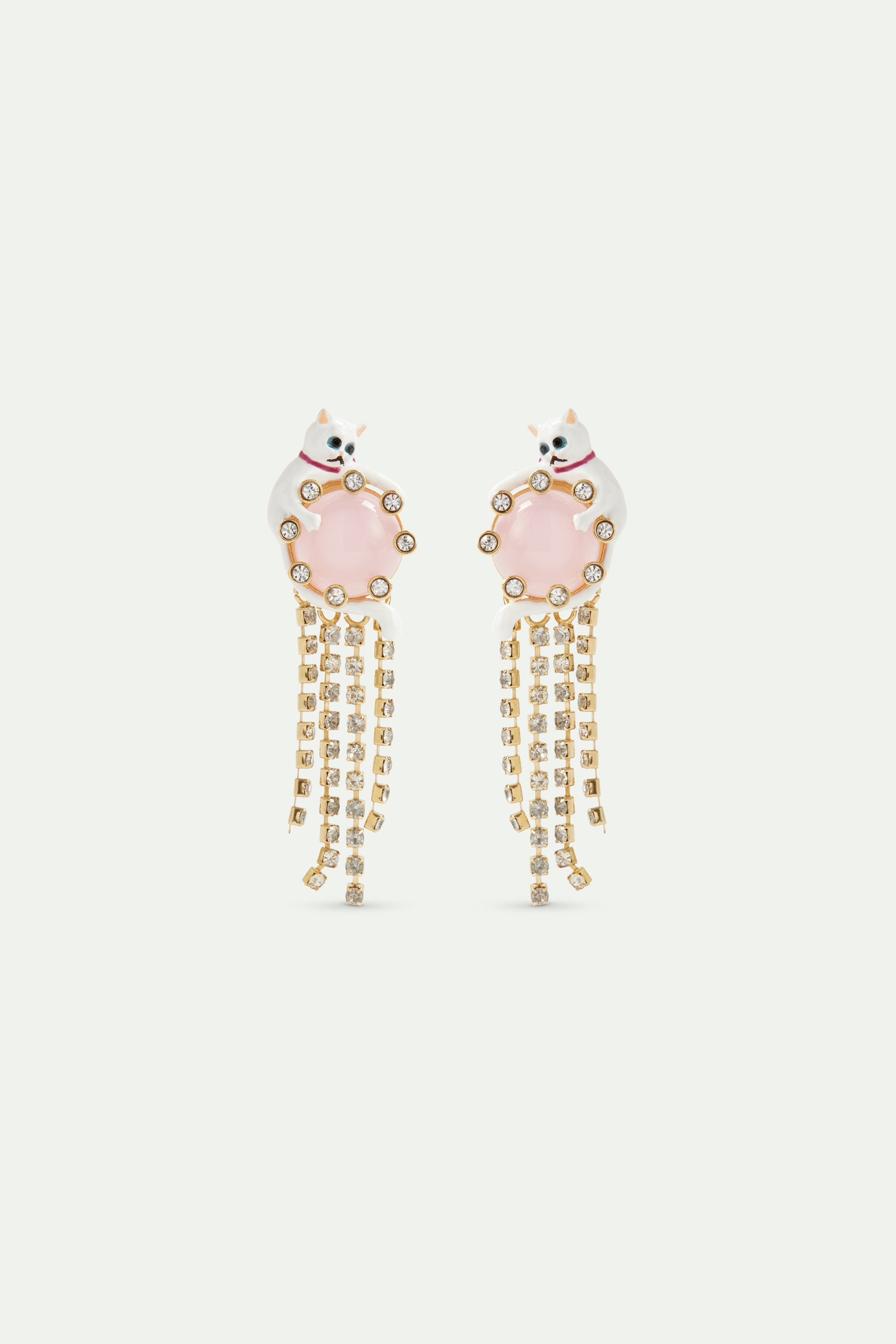 Dangle post earrings with white cat, pink round stone, and rhinestone chain.