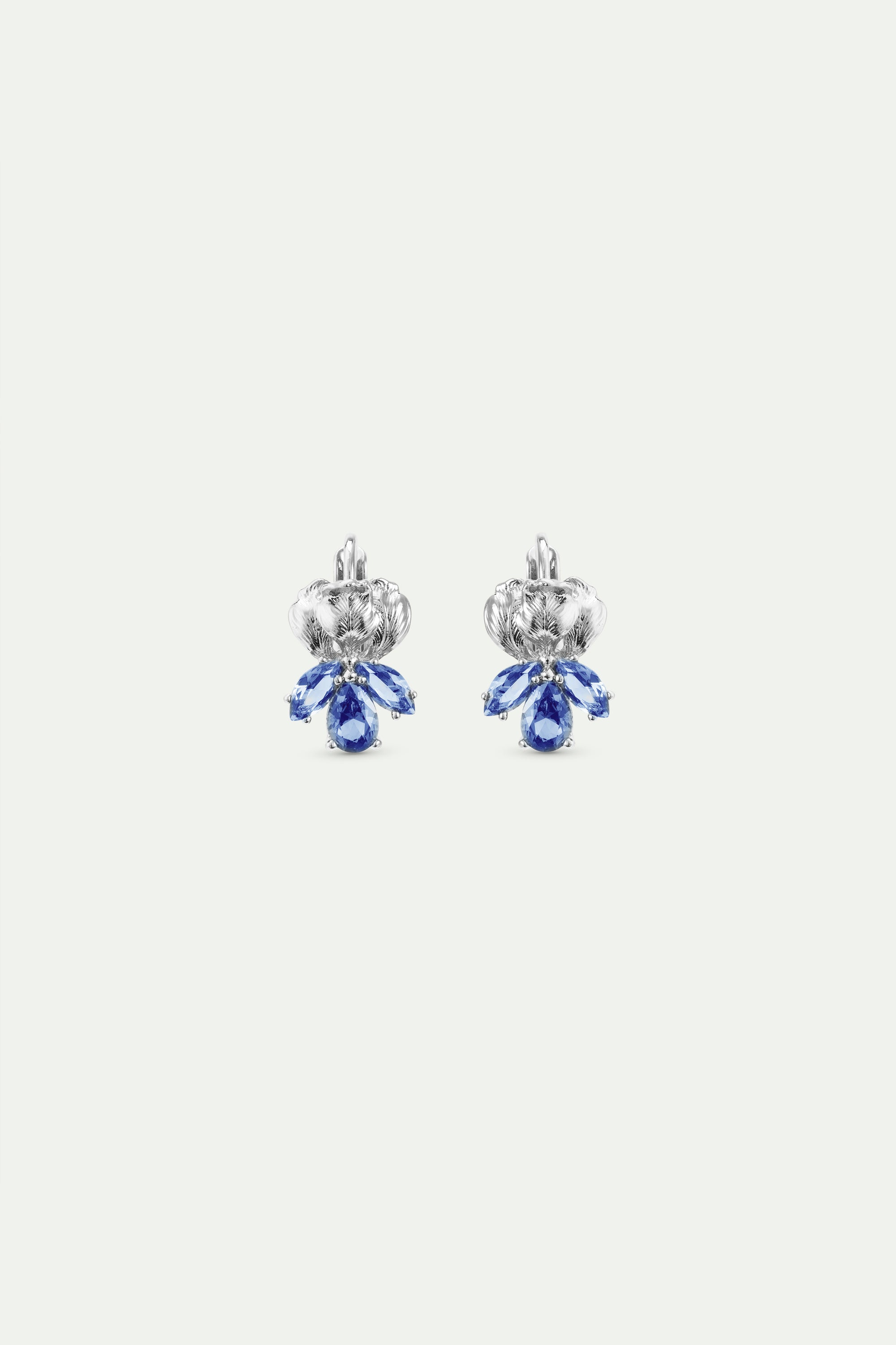 Silver iris and blue stone sleeper earrings
