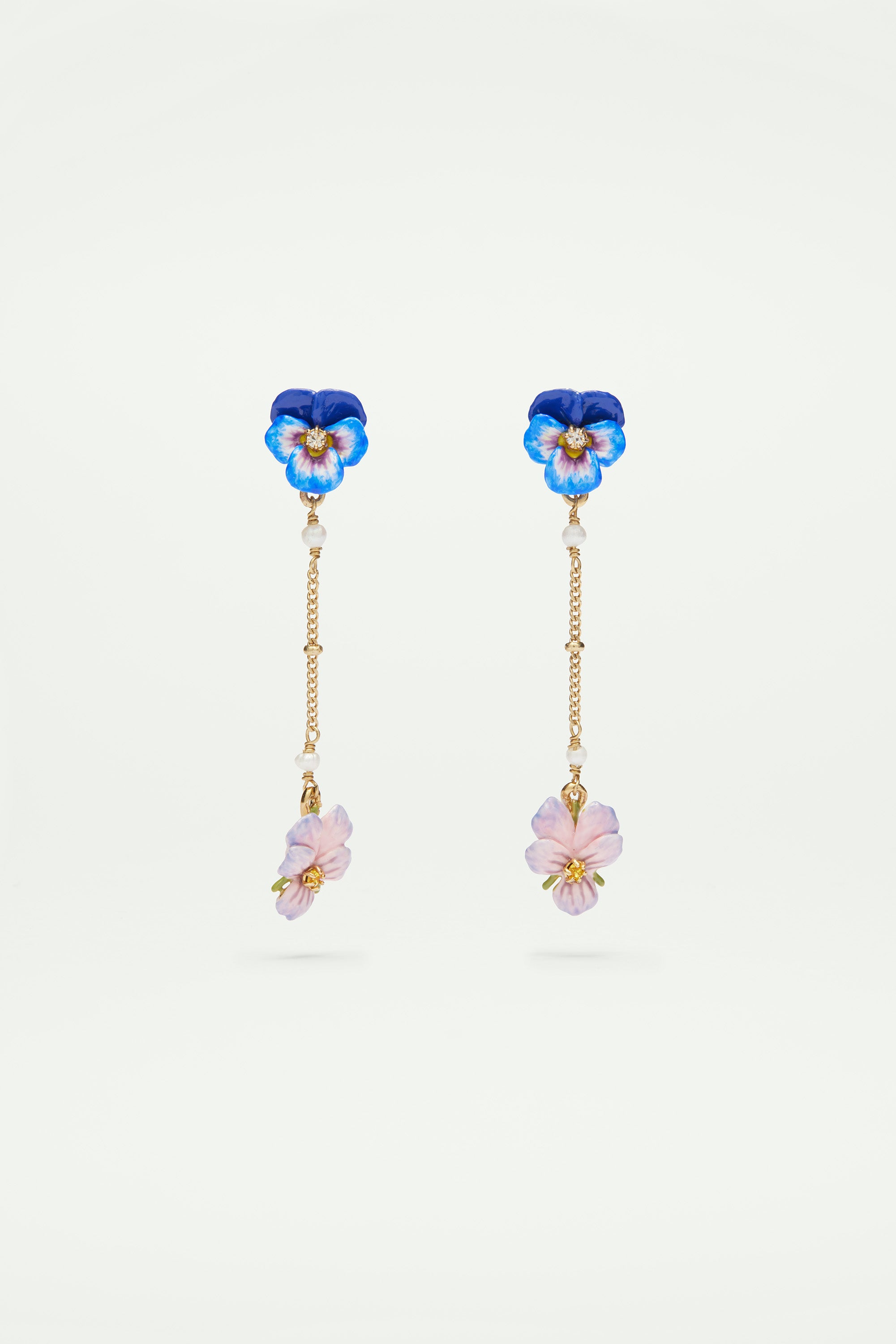 Pink pansy and freshwater pearl and blue pansy dangle post earrings