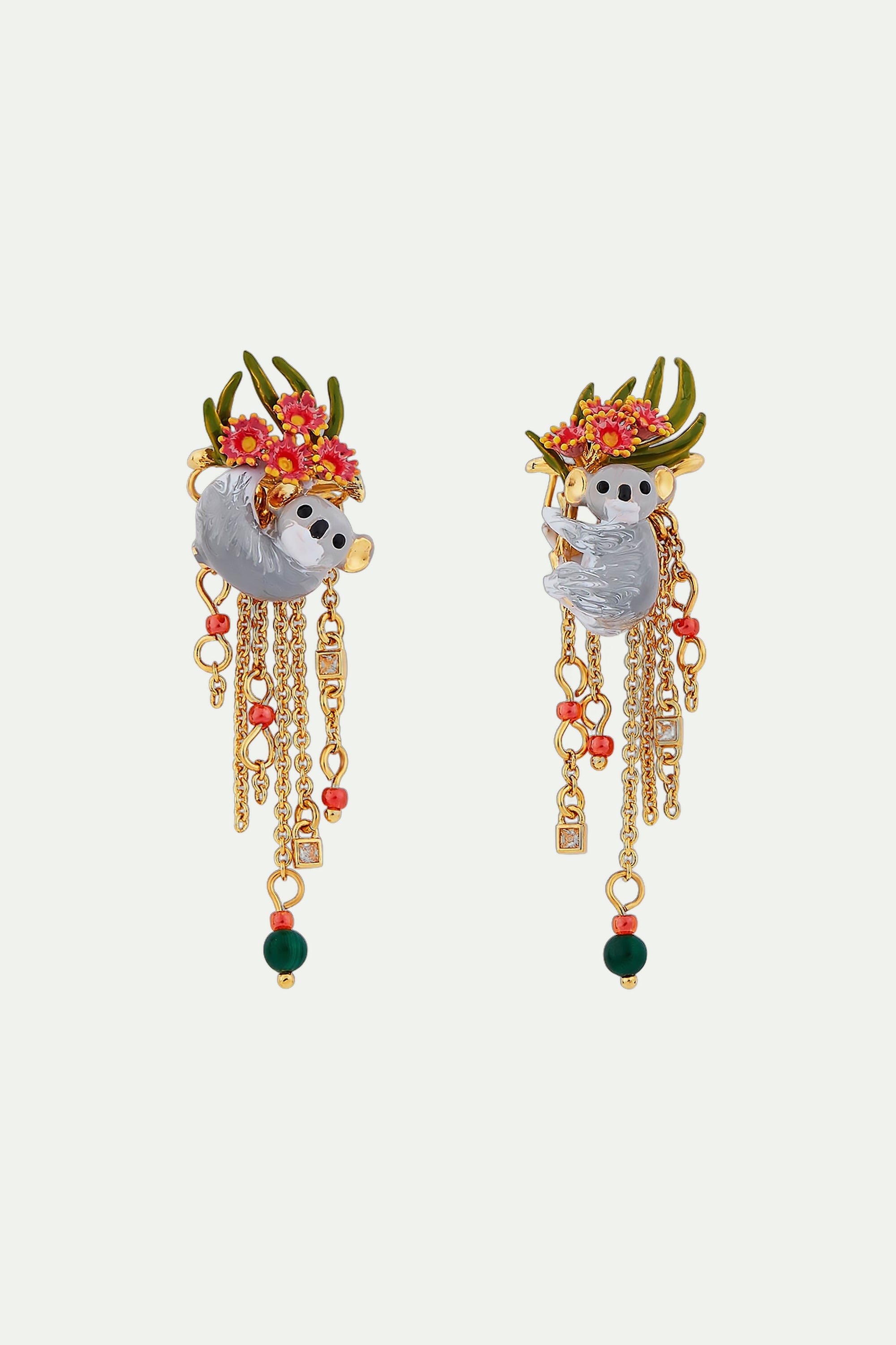 Duo of Koalas, Pink Eucalyptus and malachite beads sleeper earrings