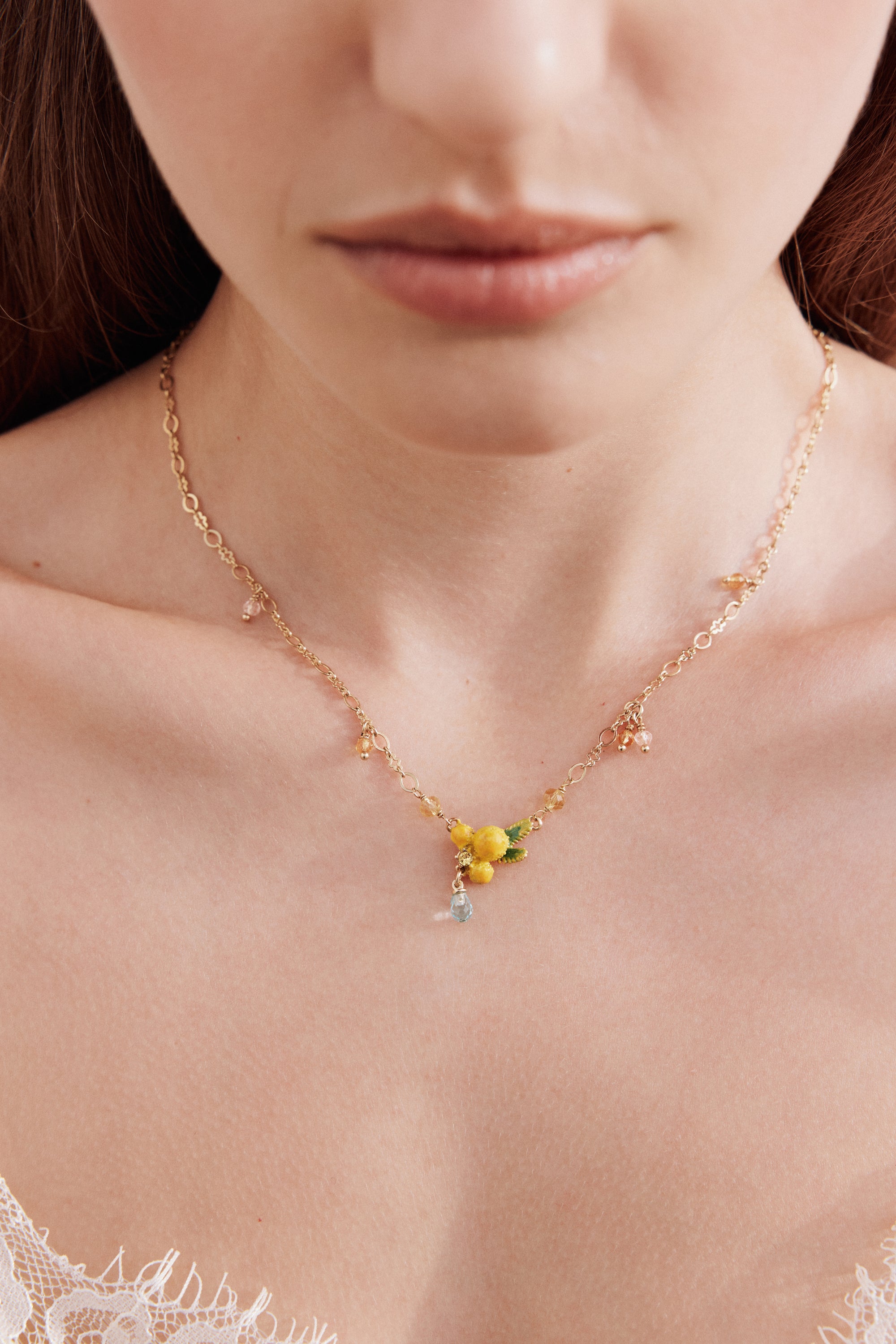 Mimosa flower and little pearls pendant necklace