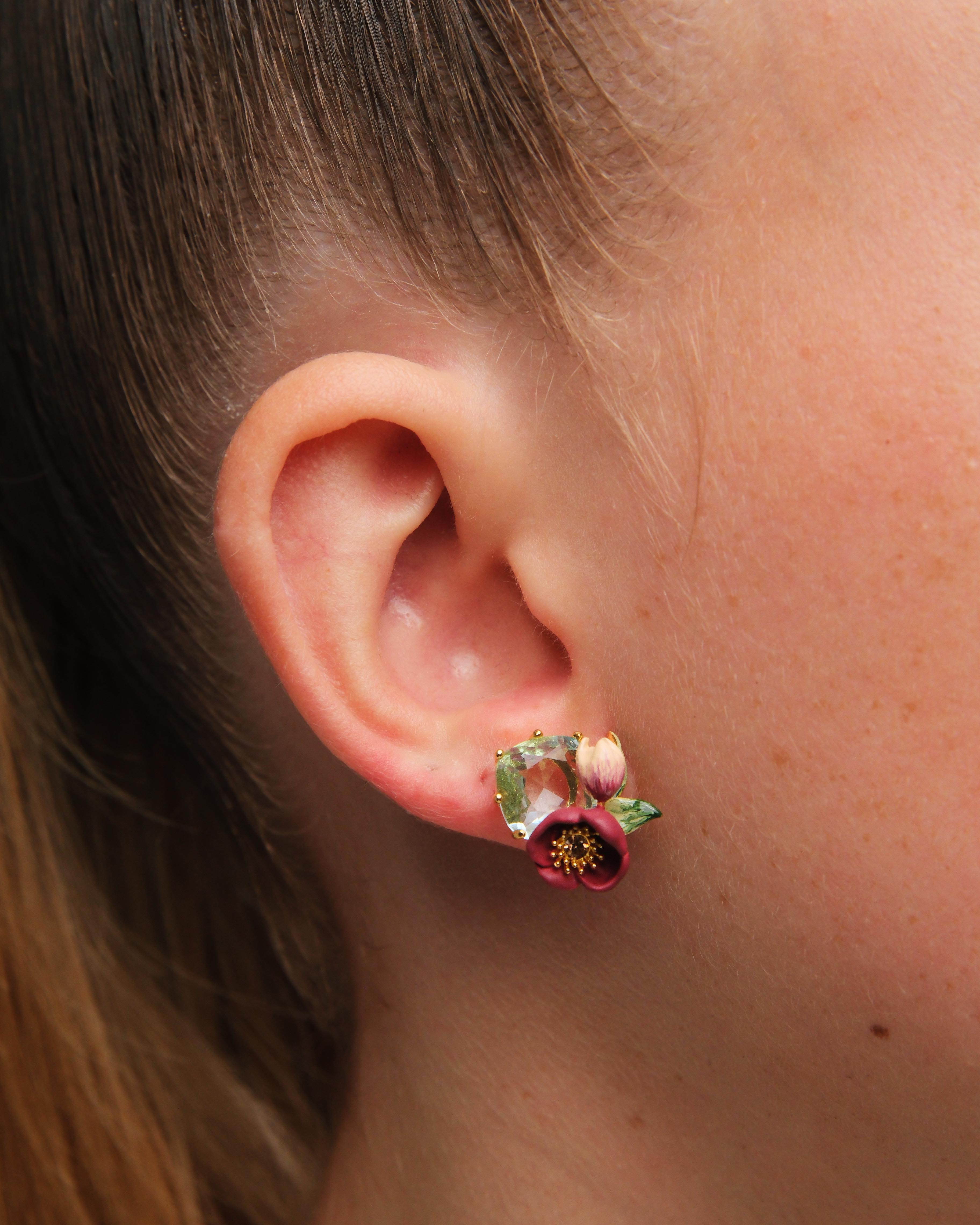 Red hellebore flower and faceted stone earrings