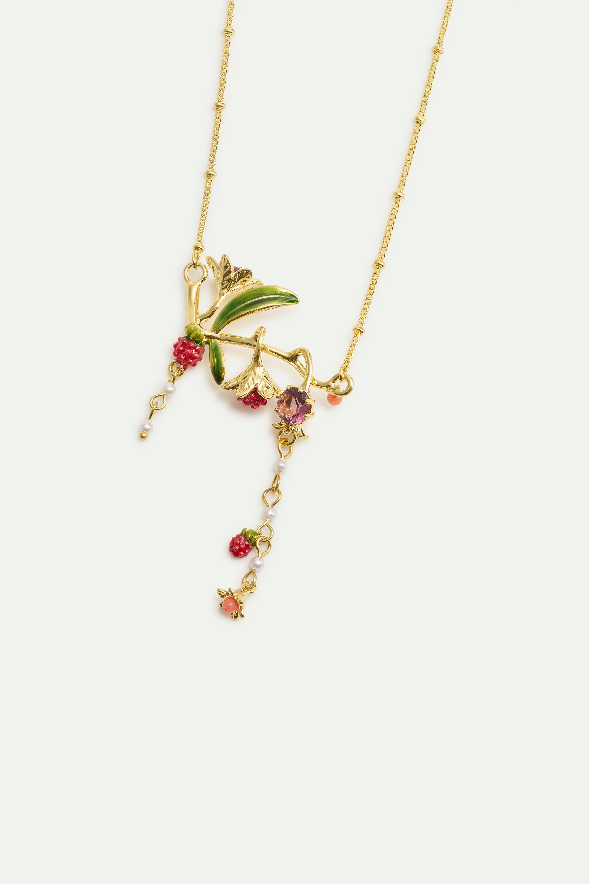 Statement necklace with flowers, raspberries, pink stone and pearls