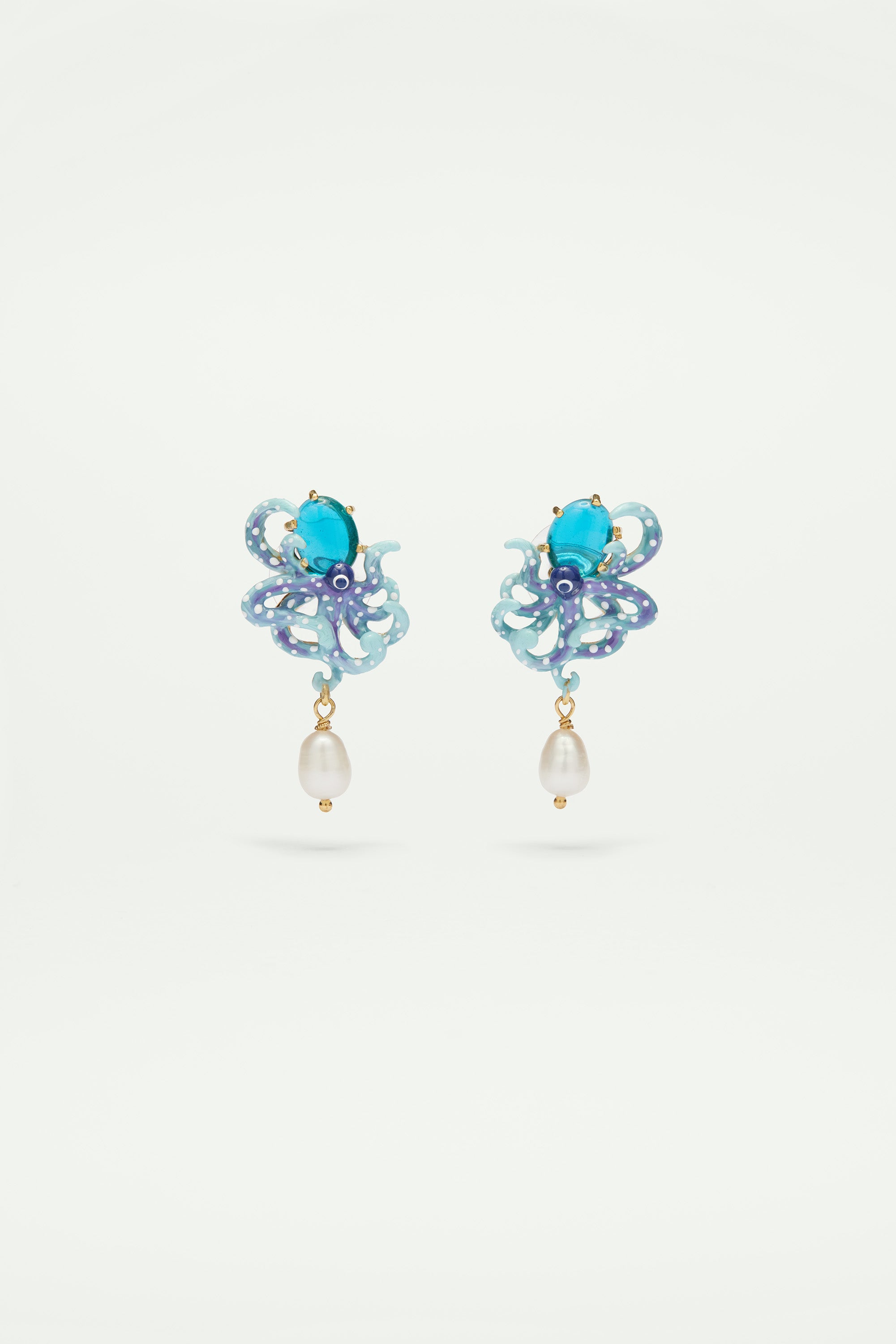 Blue octopus, blue cut glass stone and mother of pearl bead post earrings