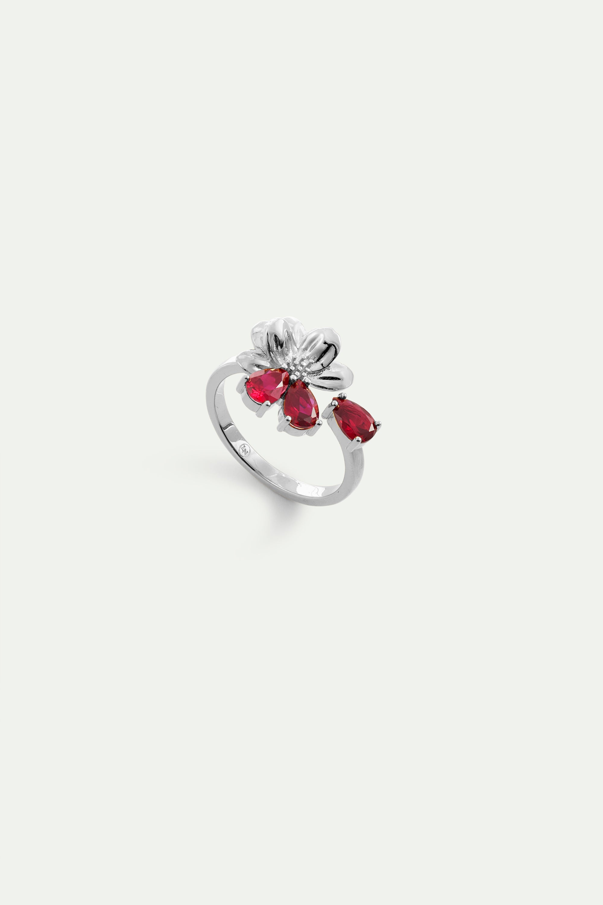 Silver adjustable ring with cosmos and red stones