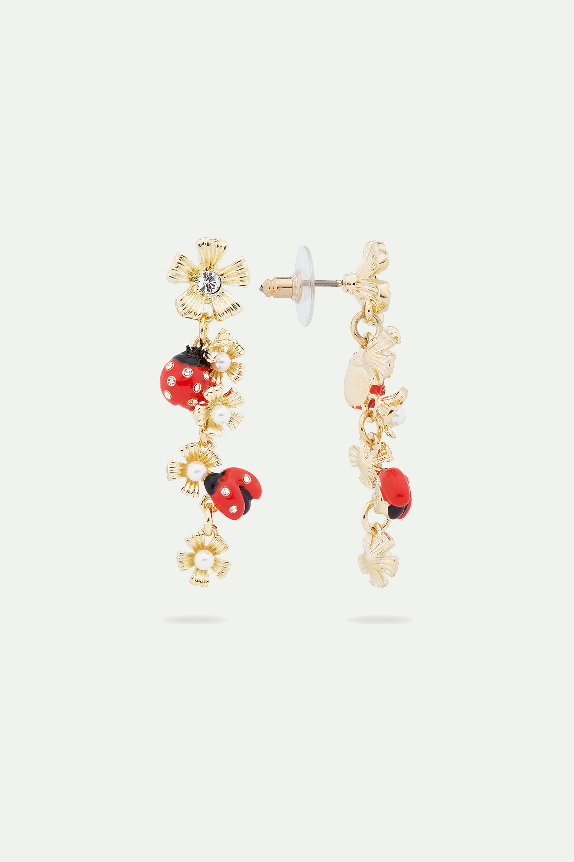 Ladybird and wood anemone duo dangling post earrings