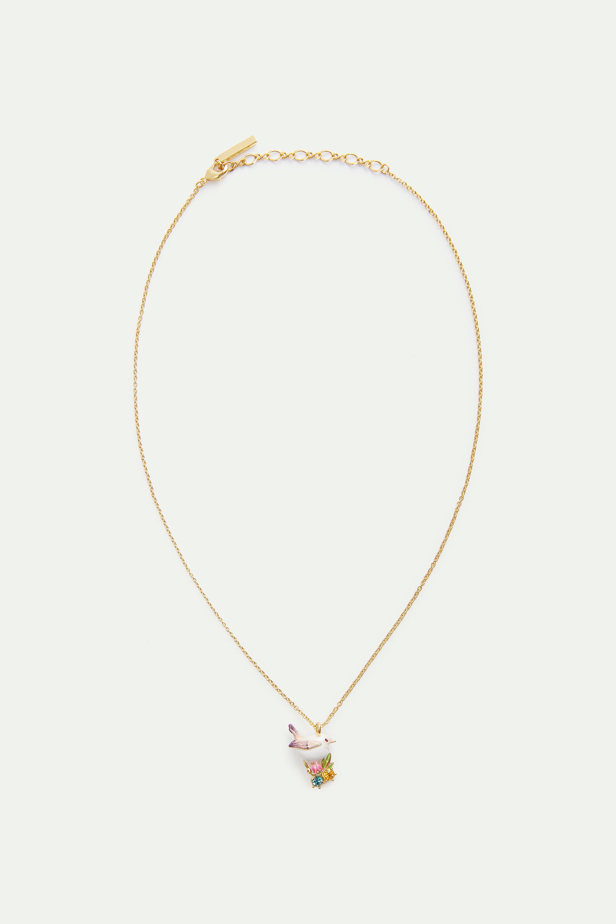 Pendant necklace with snow bunting, rosebuds and crystals