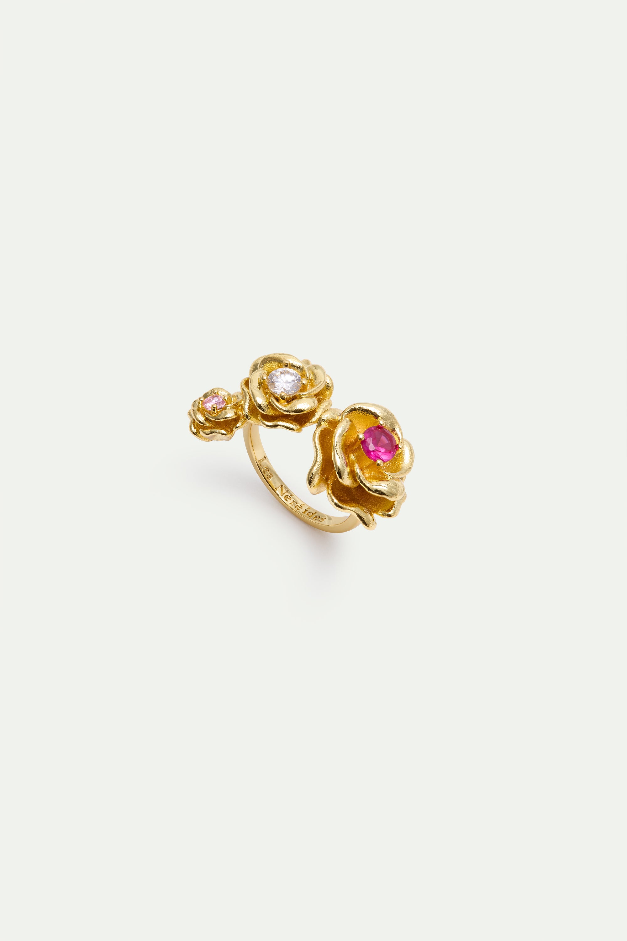 Adjustable ring with gold Mona Lisa roses and round stones
