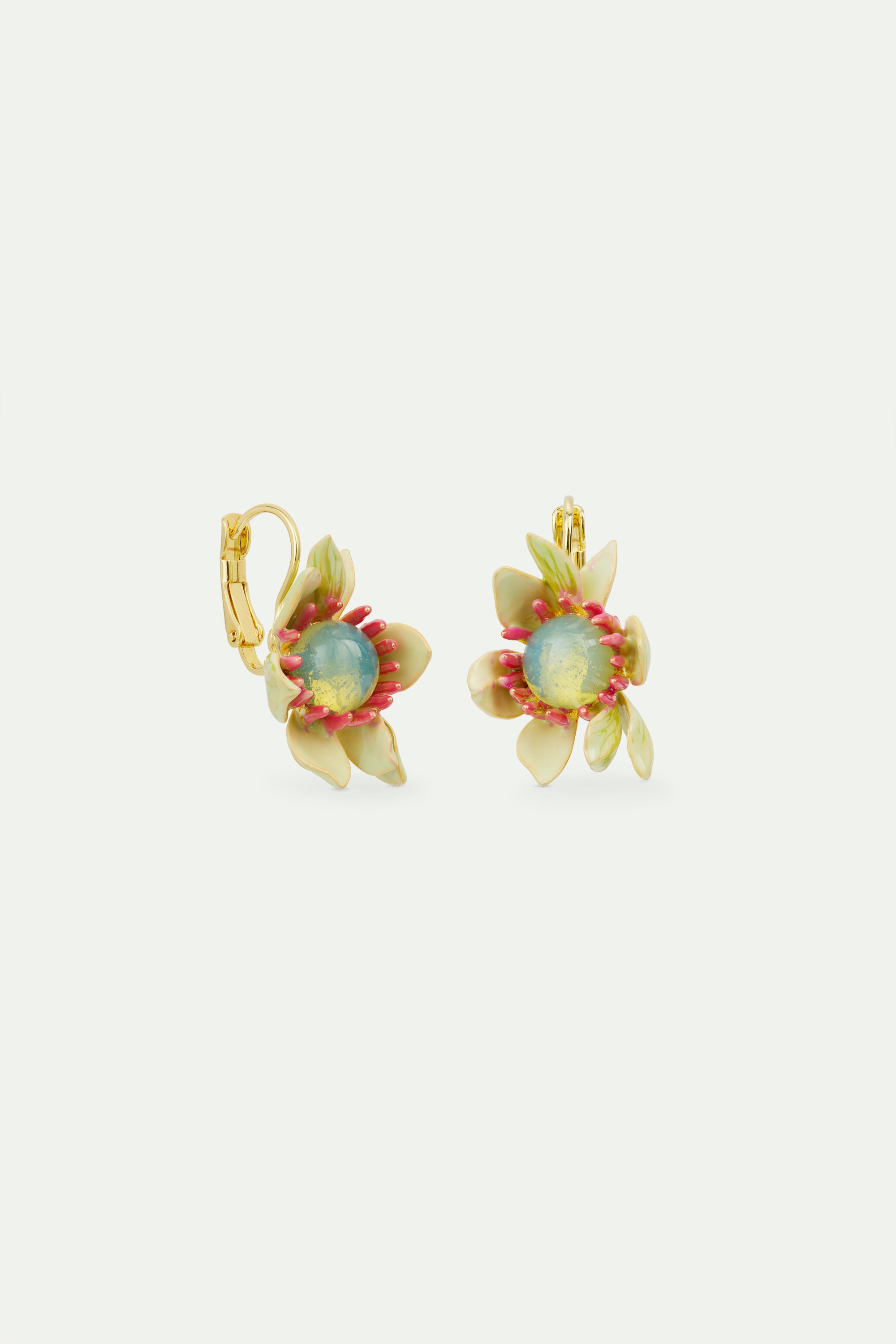 Large magnolia flower and blue cabochon sleeper earrings