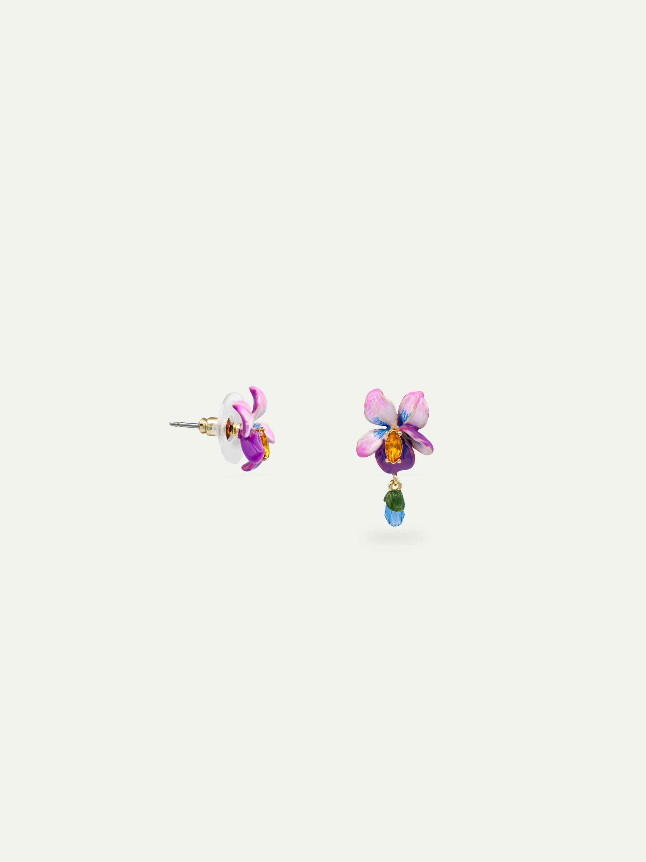 Asymmetrical violet flower and blue stone earrings
