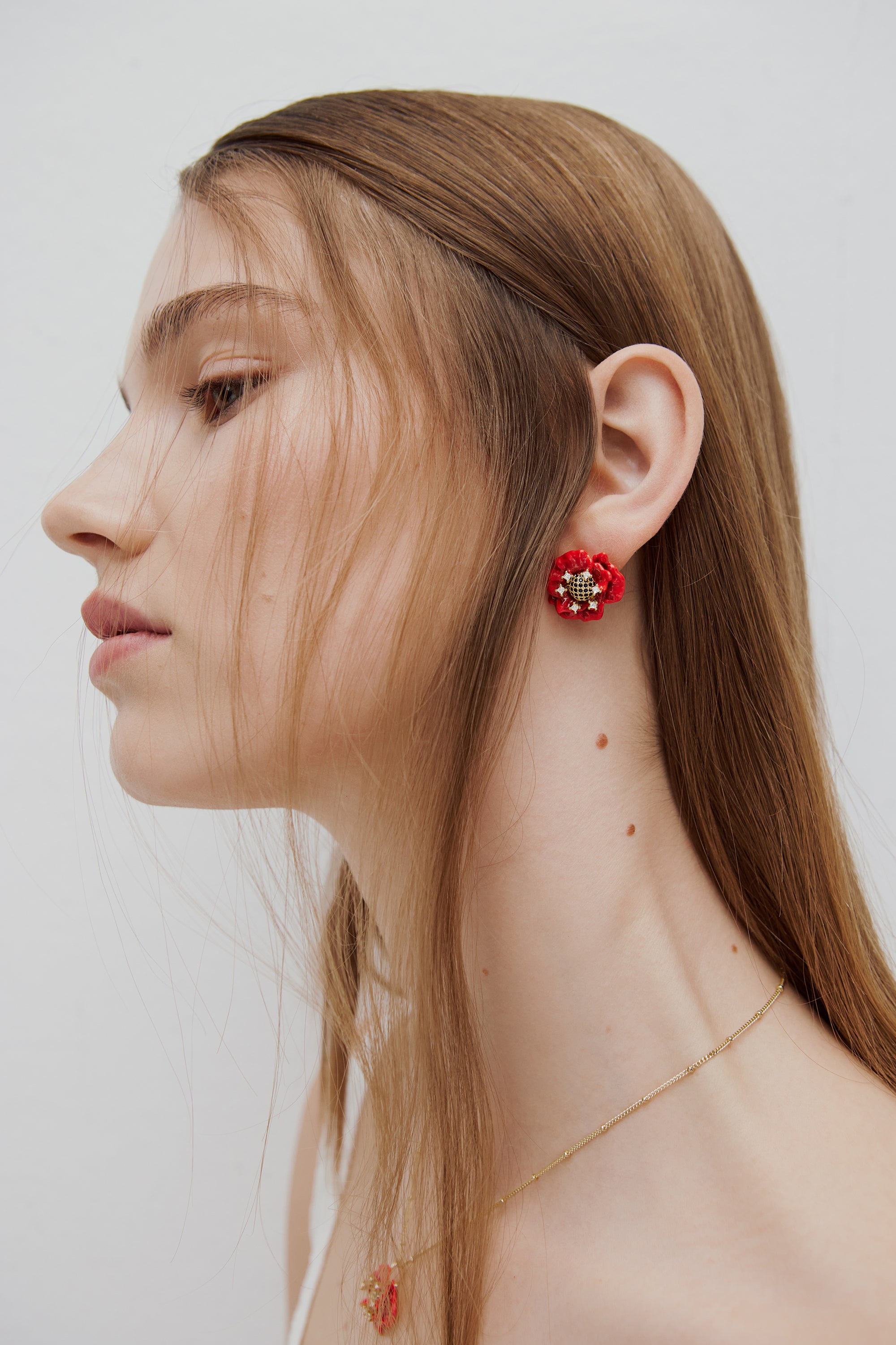 Red poppy and cubic zirconia earrings