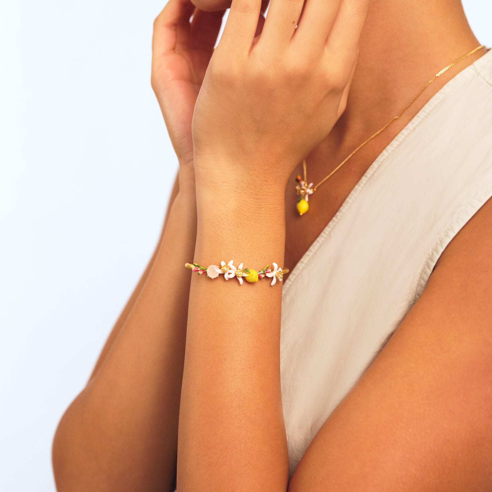 Lemon, lemon blossom and pink glass stone bangle bracelet