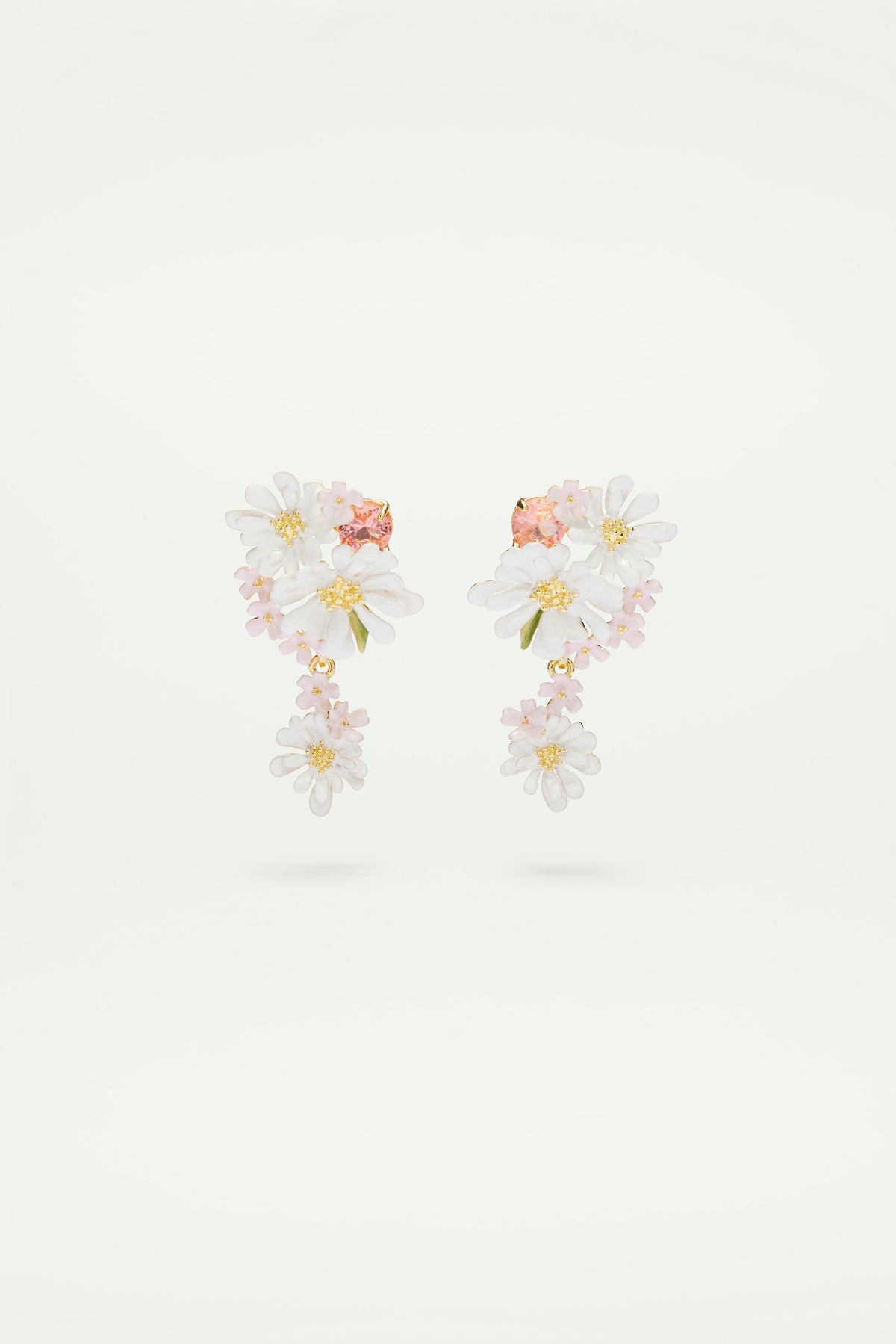 Verbena flower and round stone dangling post earrings