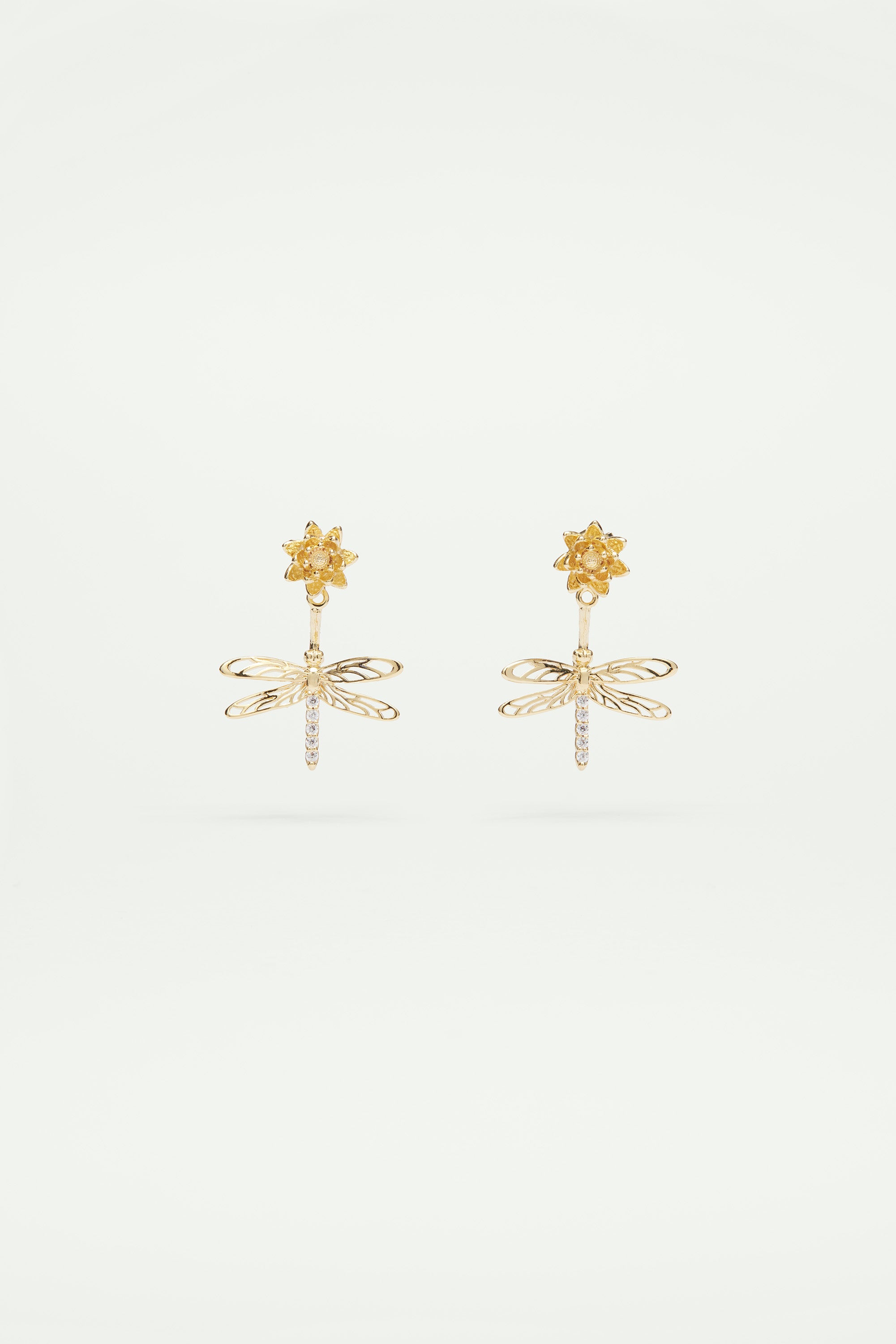 Dragonfly, flower and crystal dangling post earrings