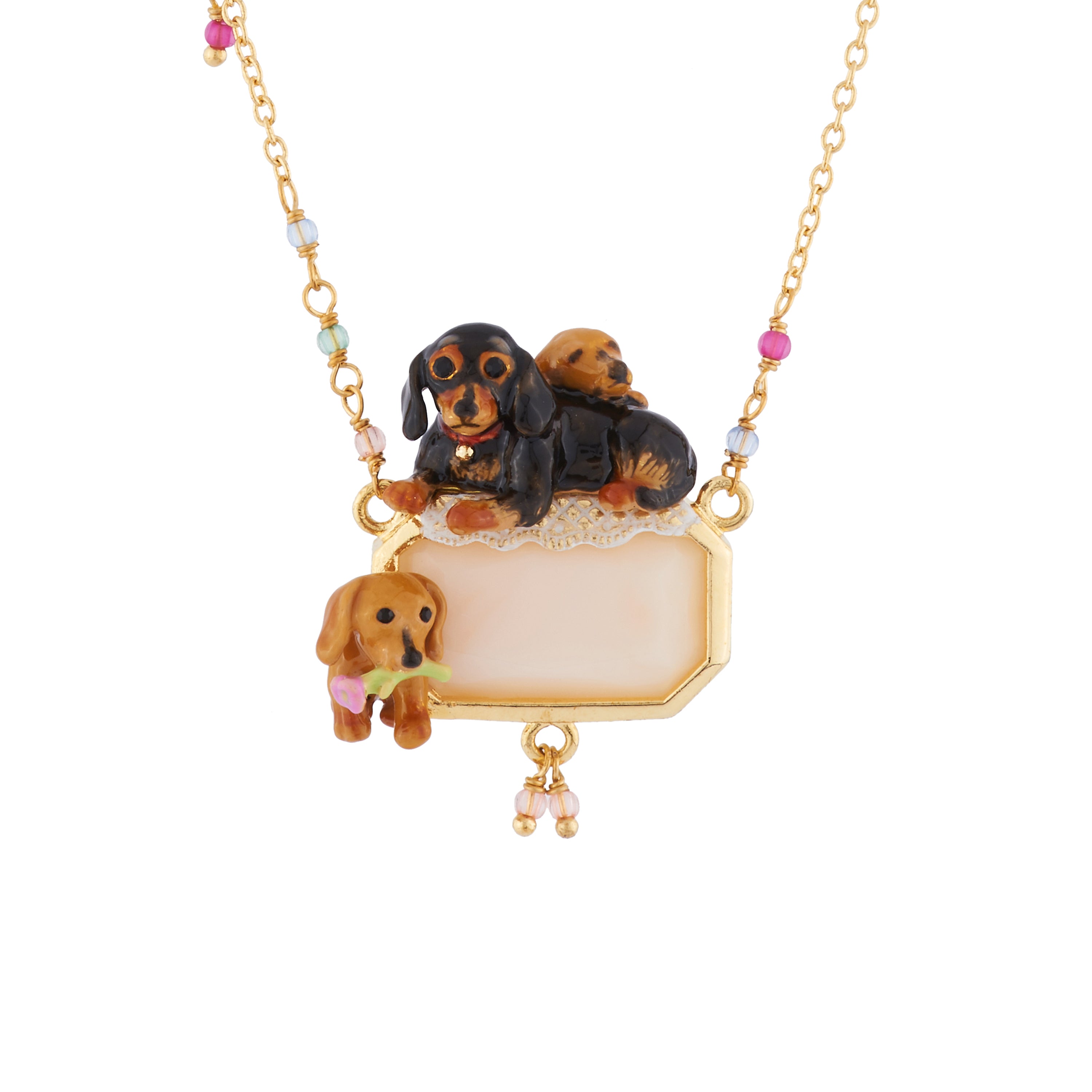 Necklace with family of dachshunds on rectangular faceted crystal