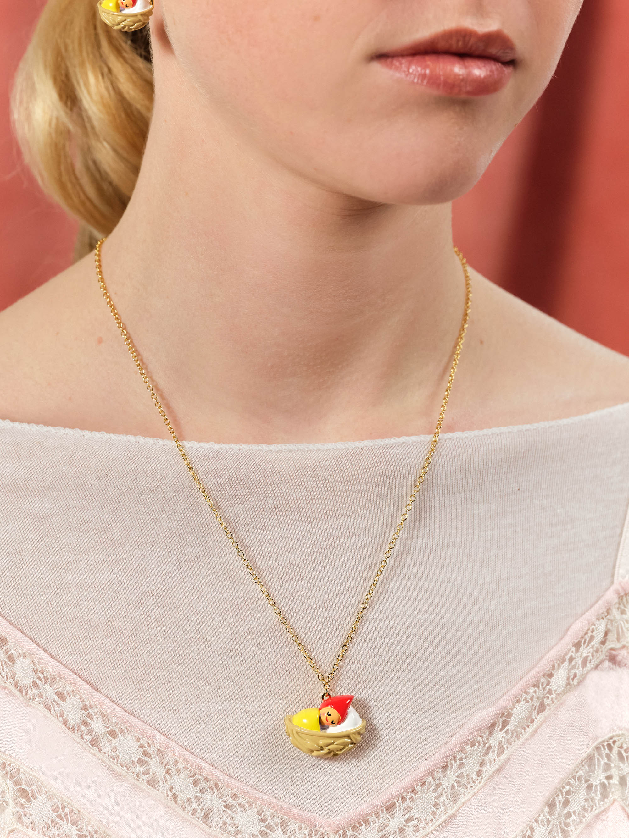 Walnut shell and young gnome pendant necklace