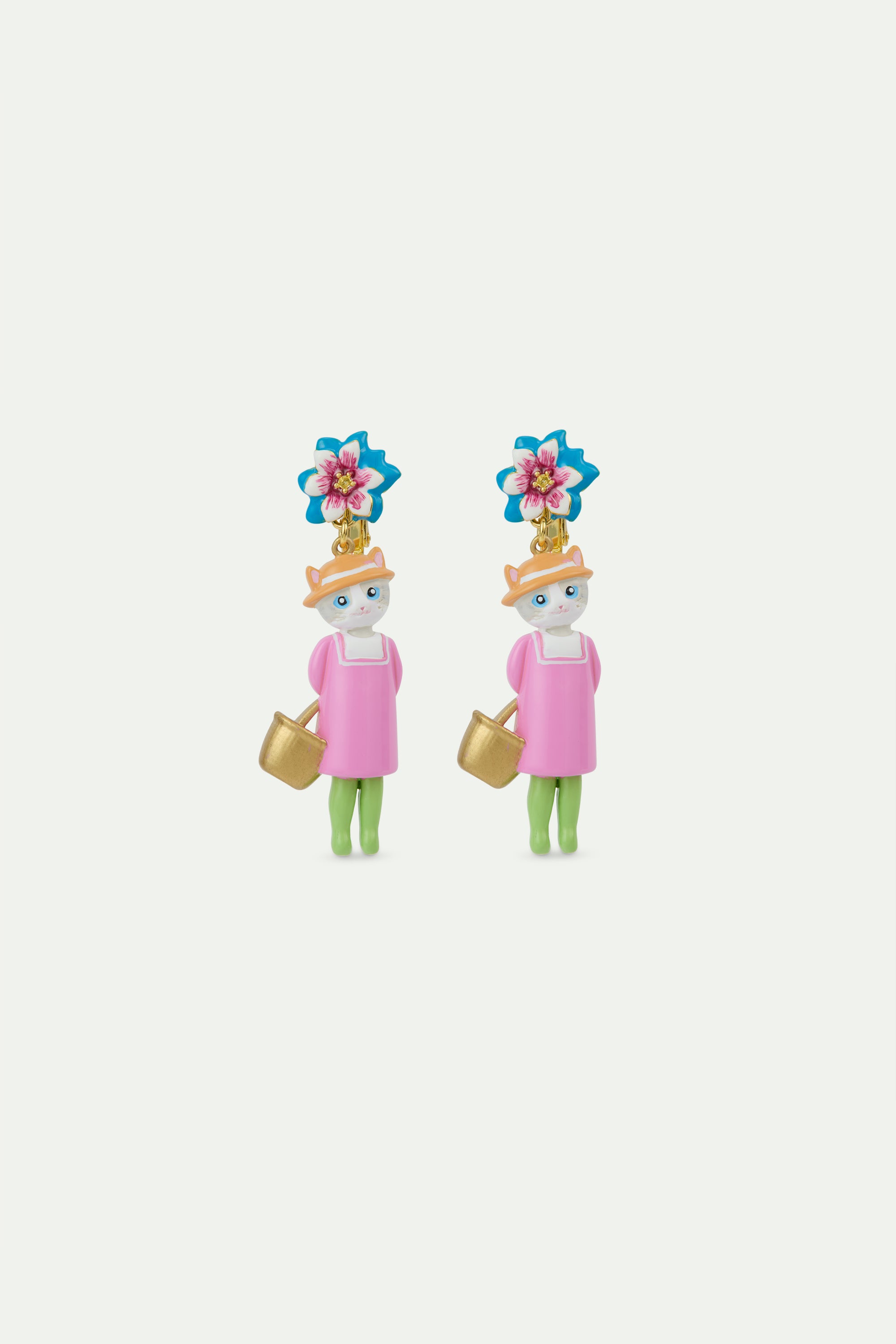 Grey cat and blue flower dangle earrings