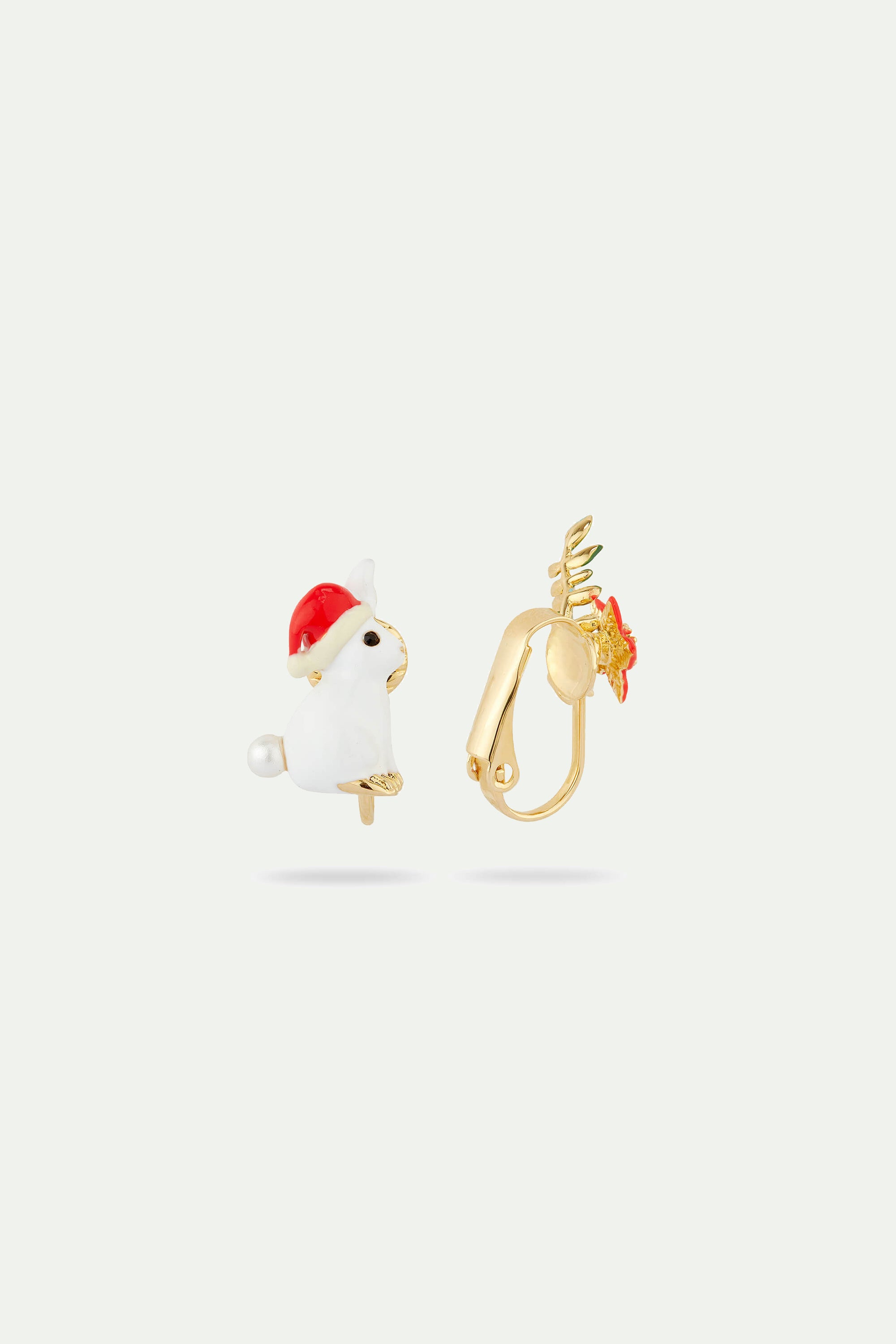 Rabbit and poinsettia asymmetrical post earrings