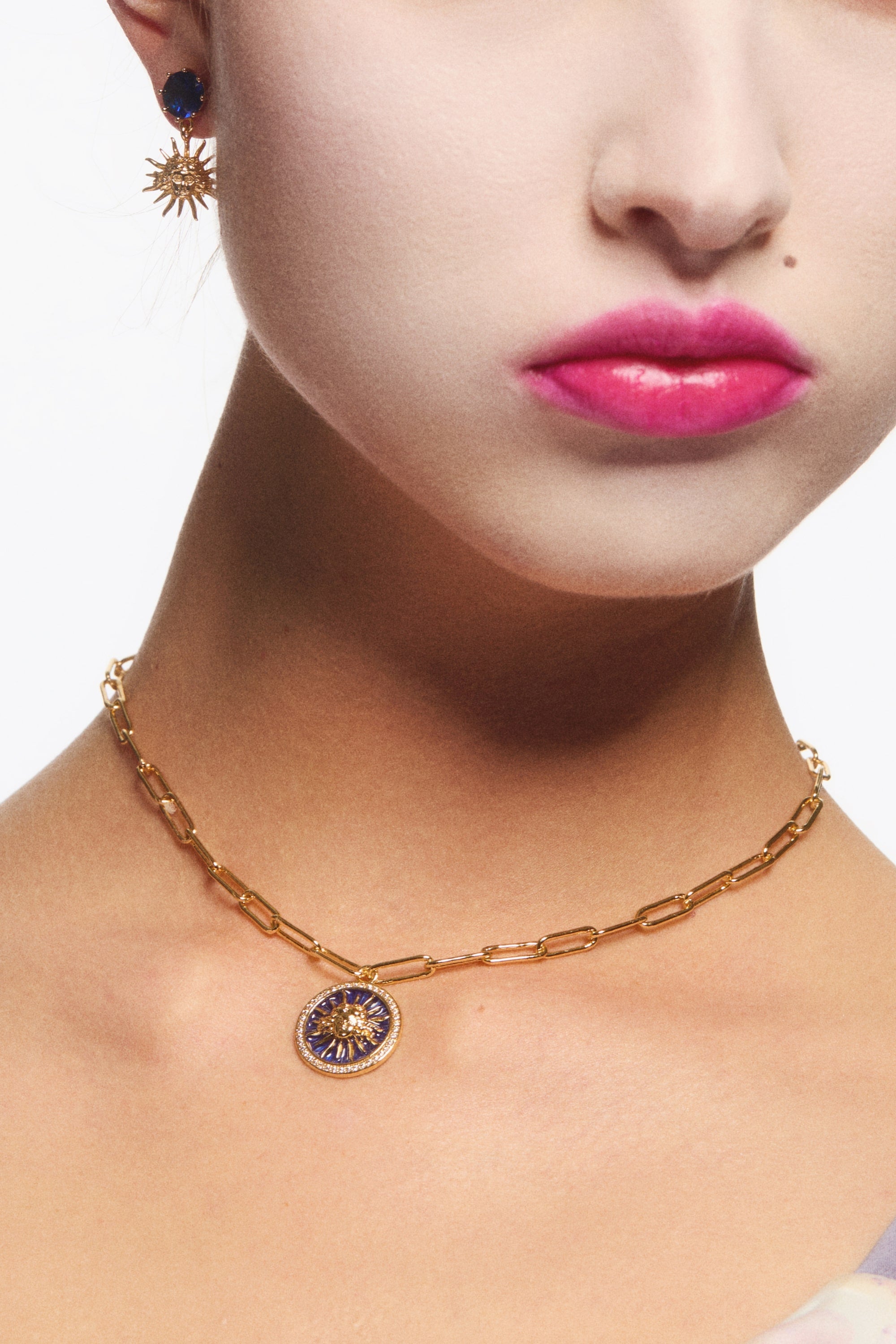 Sun King and round blue stone sleeper earrings