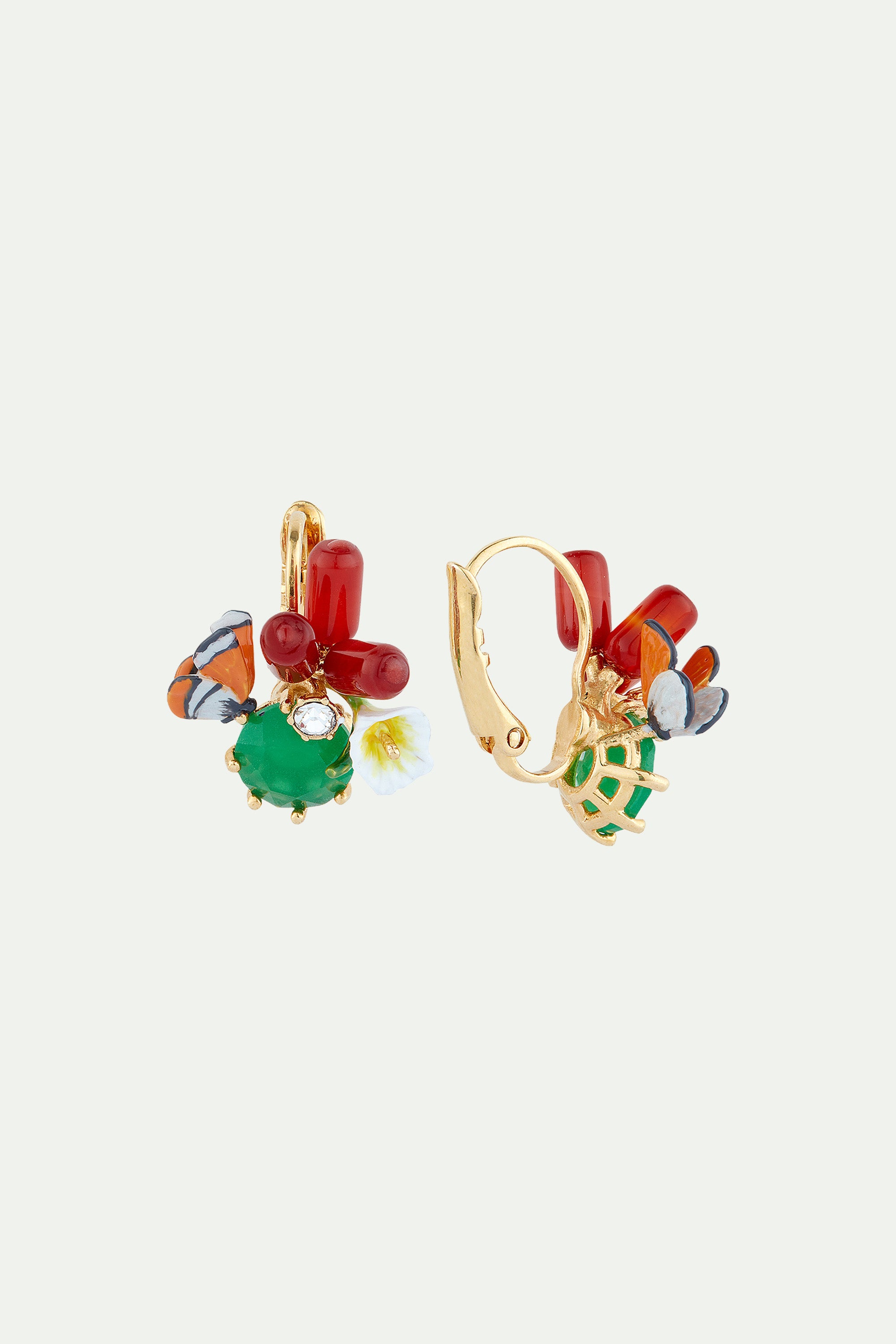 Monarch butterfly and green stone sleeper earrings