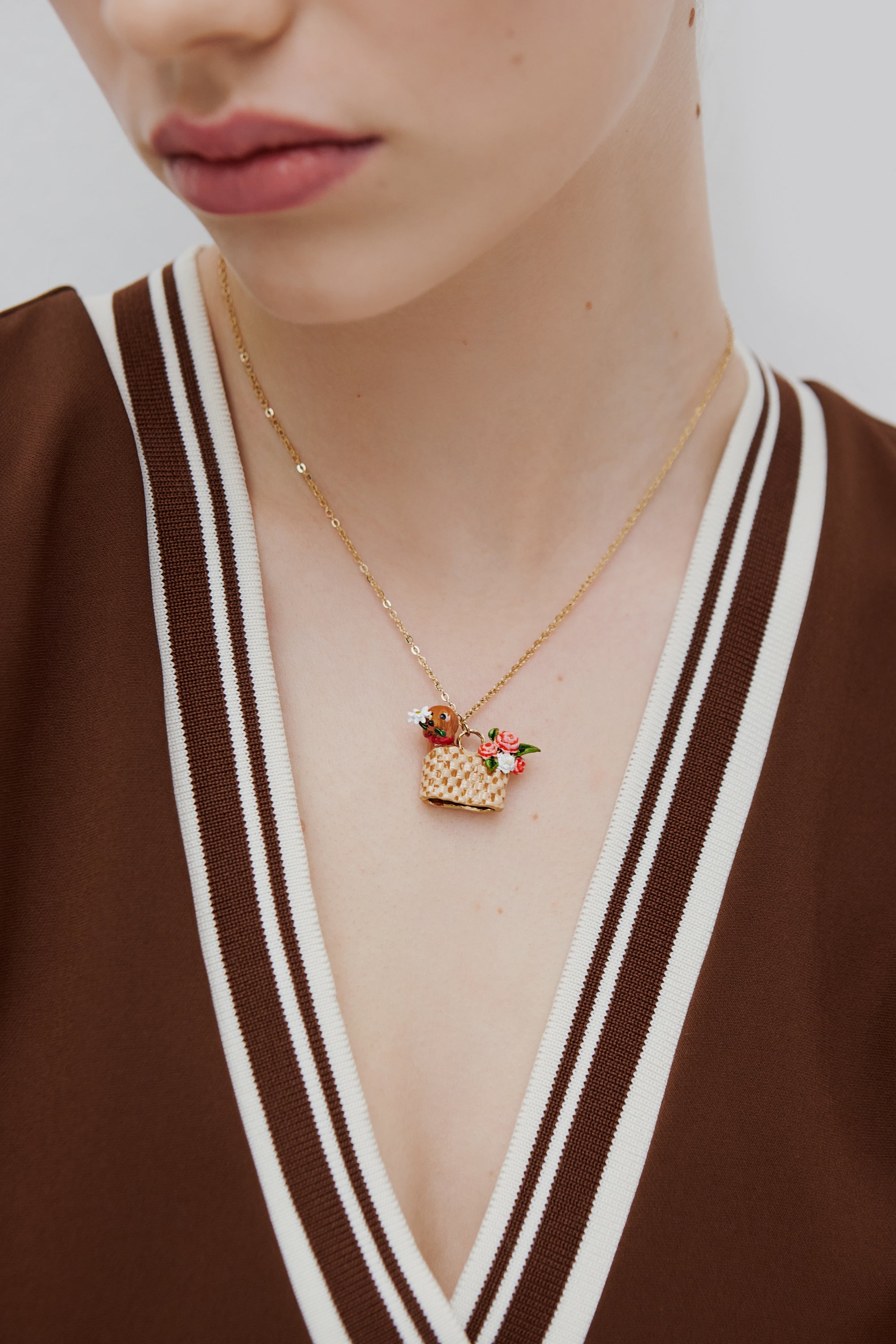 Basket, dachshund and flower pendant necklace