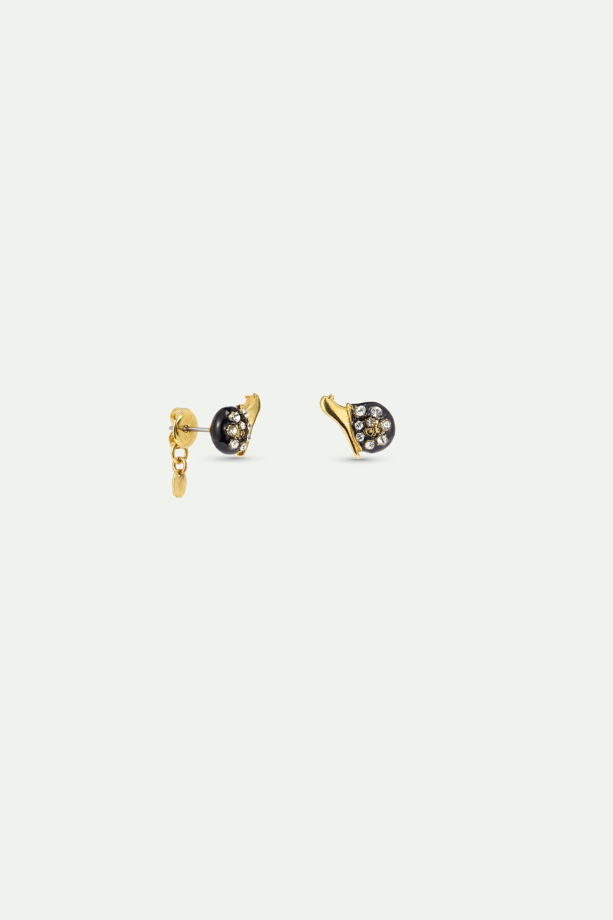 Black and gold snail post earrings with crystals