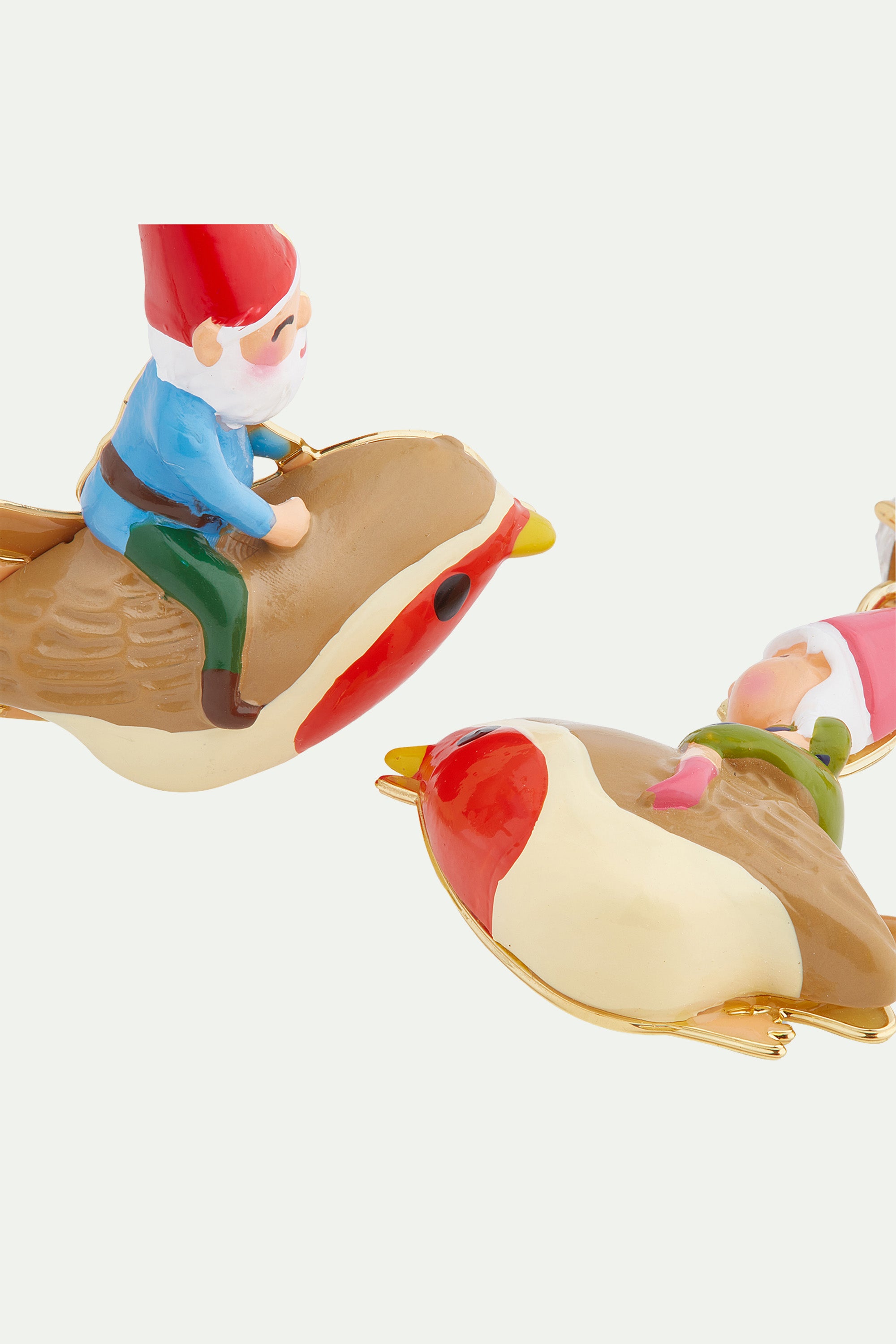Garden gnome and bird asymmetrical clip-on earrings