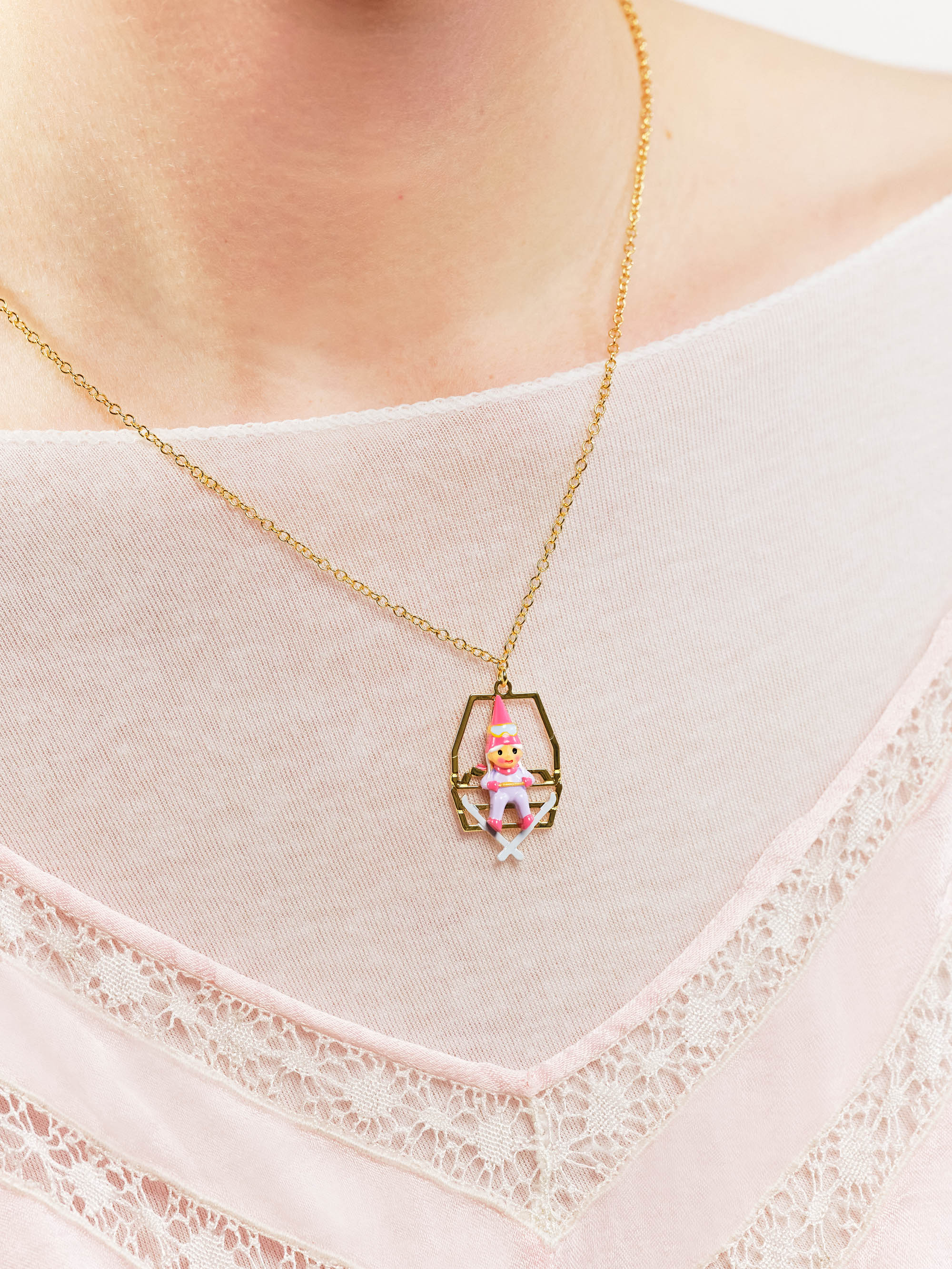 Garden gnome and chairlift pendant necklace