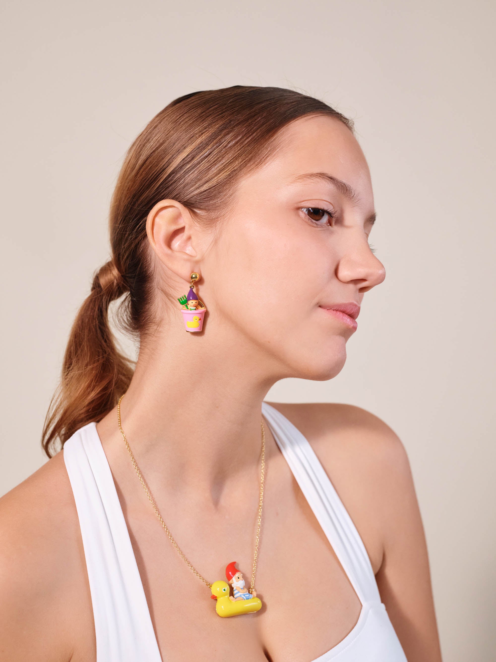 Gnome, green rake and pink bucket earrings