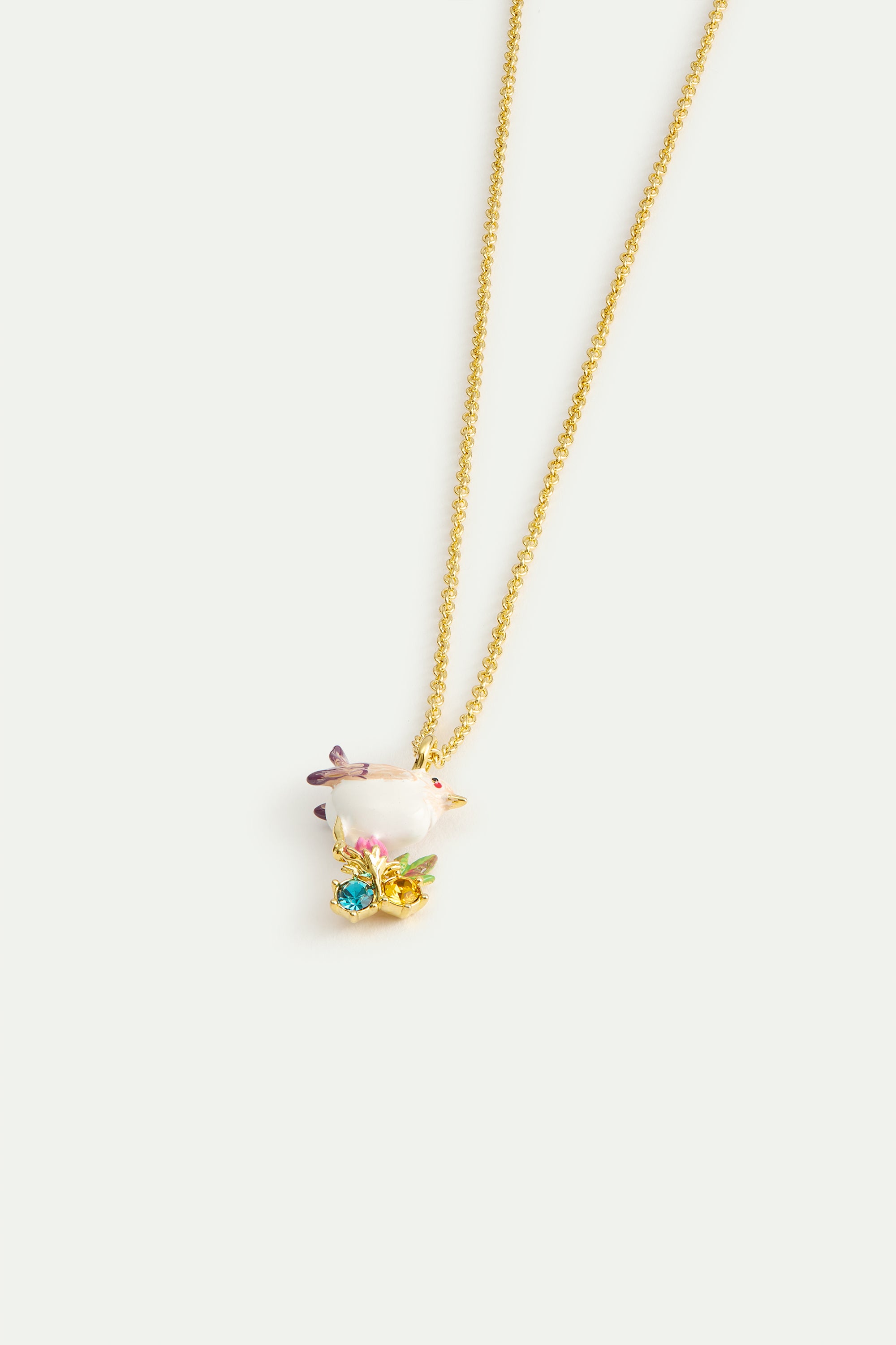 Pendant necklace with snow bunting, rosebuds and crystals