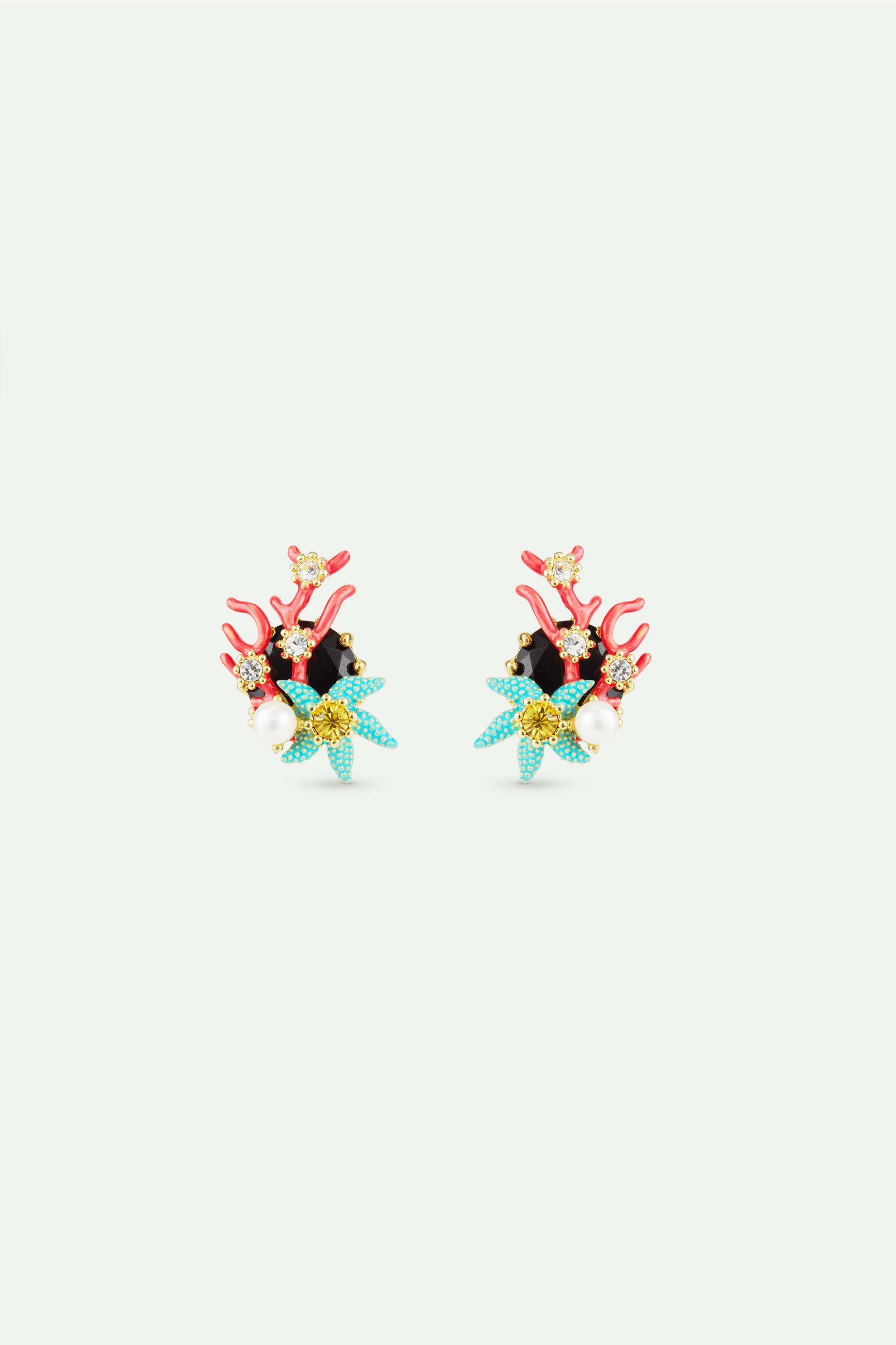 Post earrings with round black faceted stone, red coral, blue starfish and cultured pearl