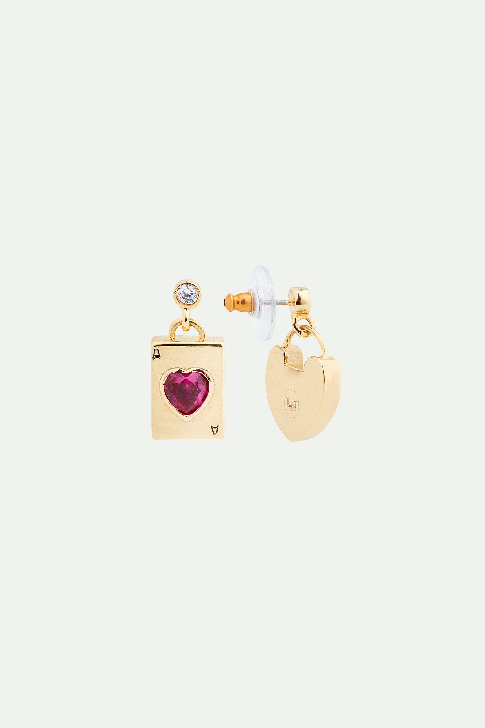 Asymmetrical heart padlock and heart card post earrings