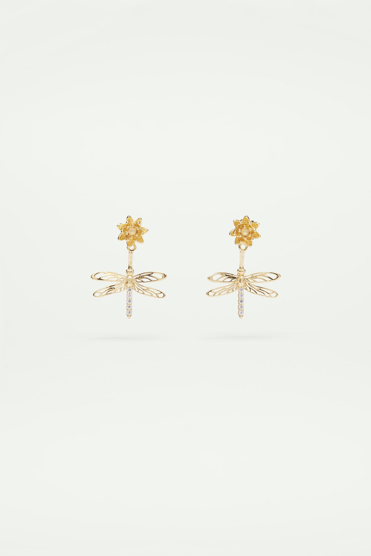 Dragonfly, flower and crystal dangling post earrings