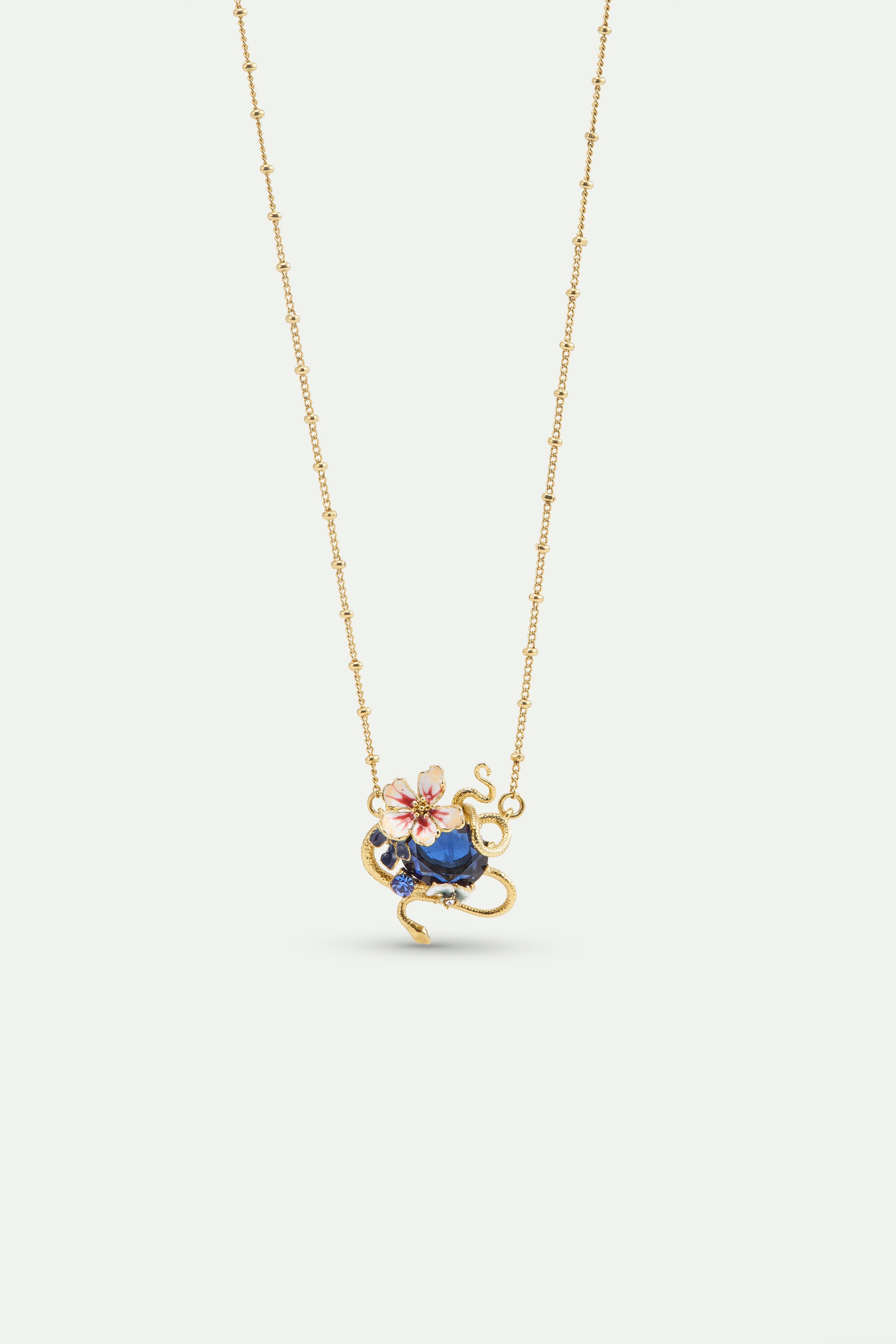 Necklace with blue faceted stone, gold snake and mallow flowers