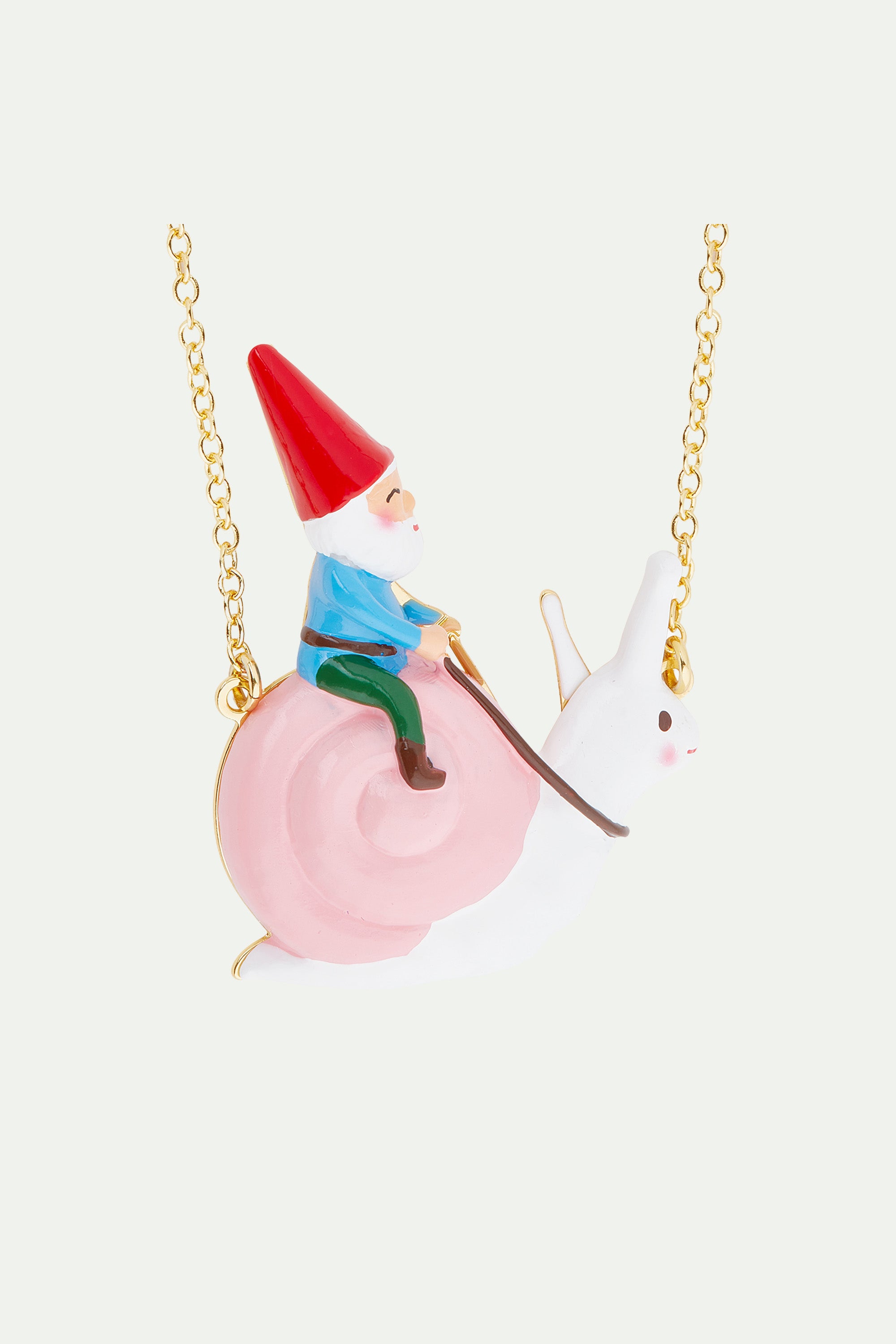 Garden gnome and snail riding pendant necklace