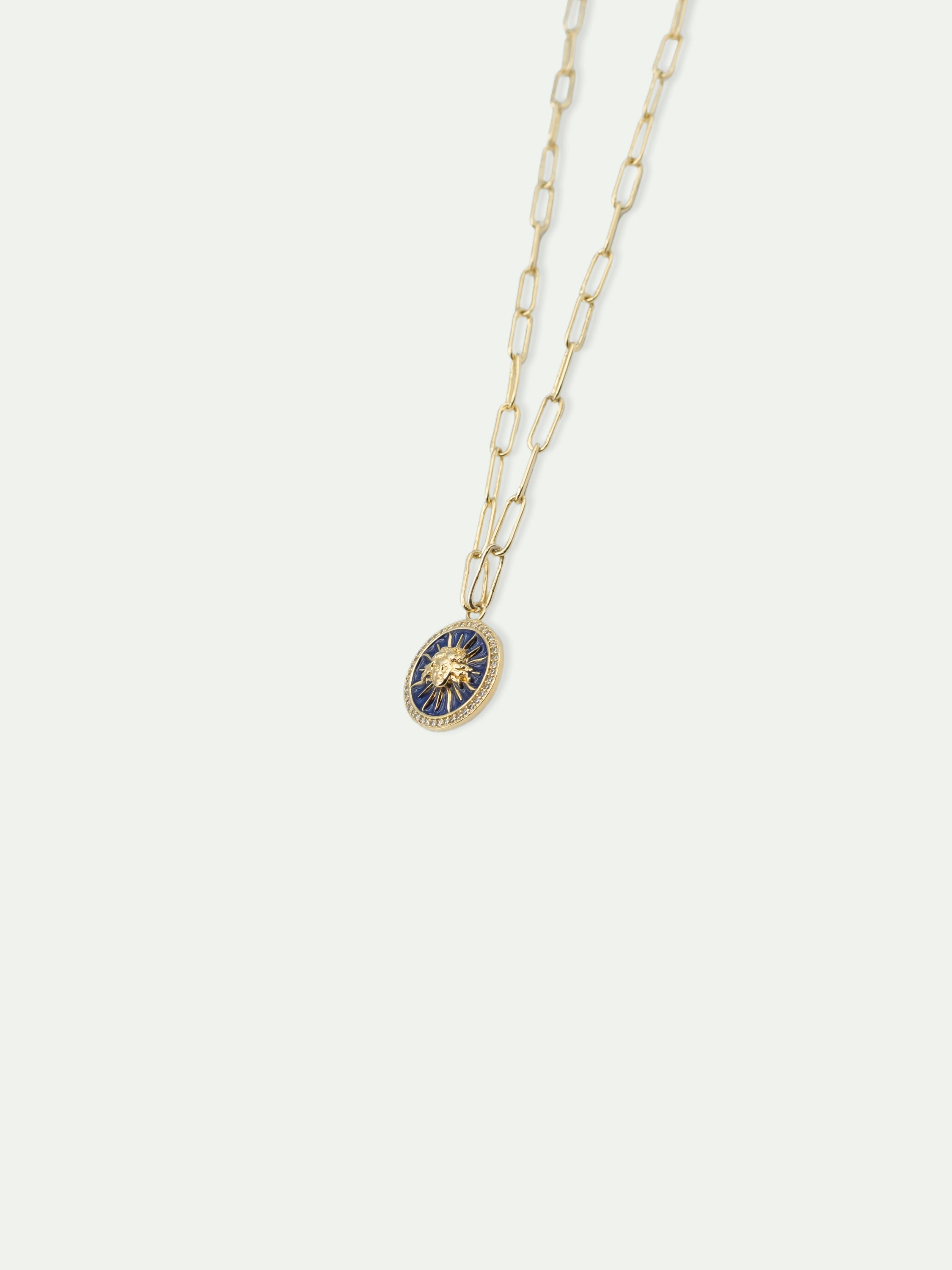 Sun king blue medal chain necklace