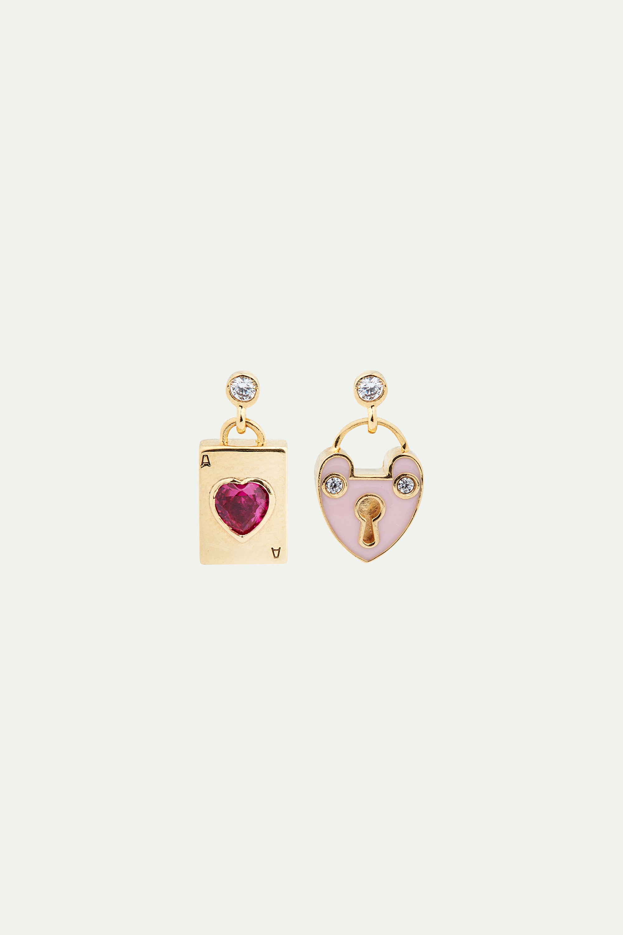 Asymmetrical heart padlock and heart card post earrings