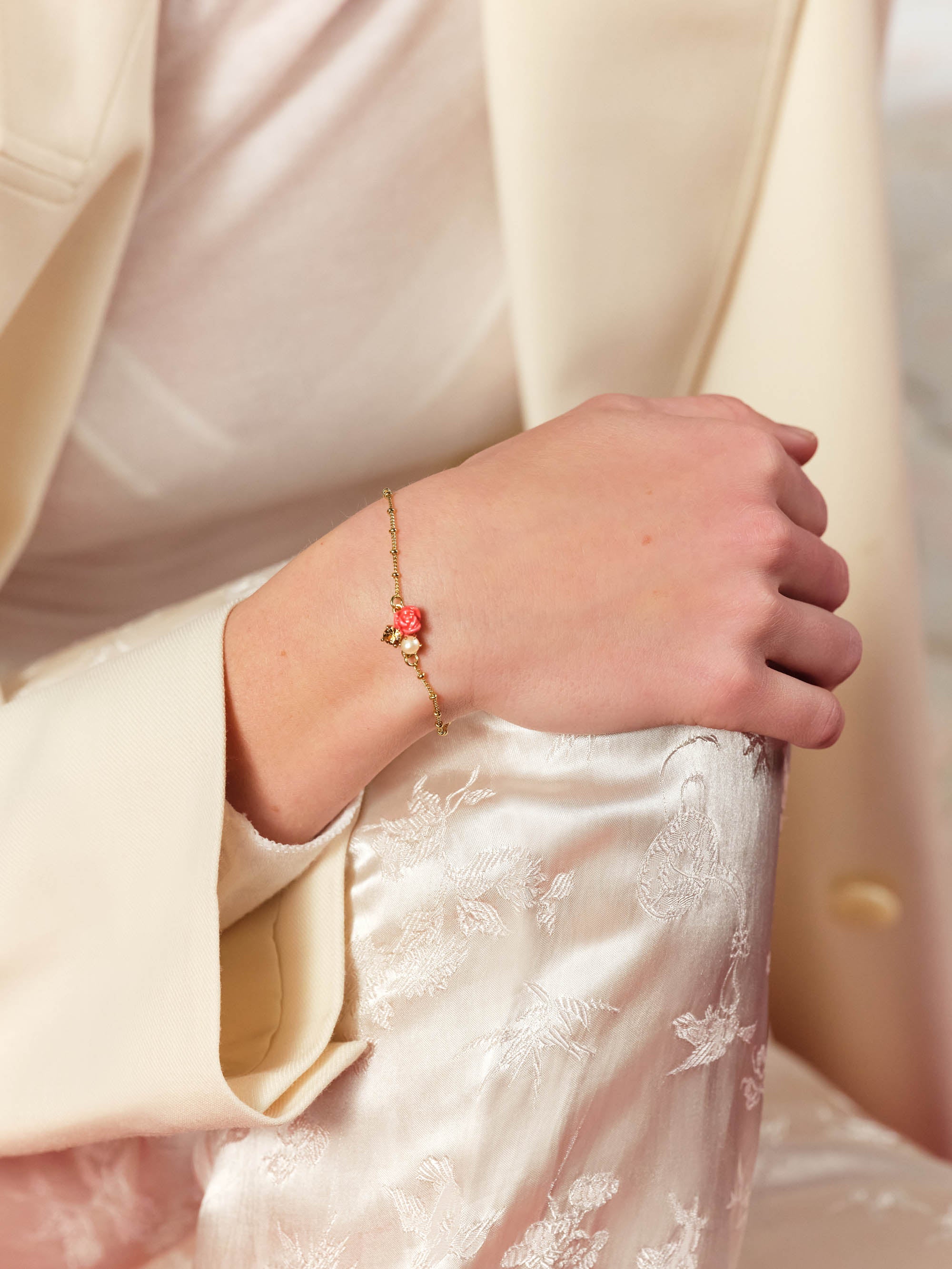 Rose, cultured pearl and stone thin bracelet