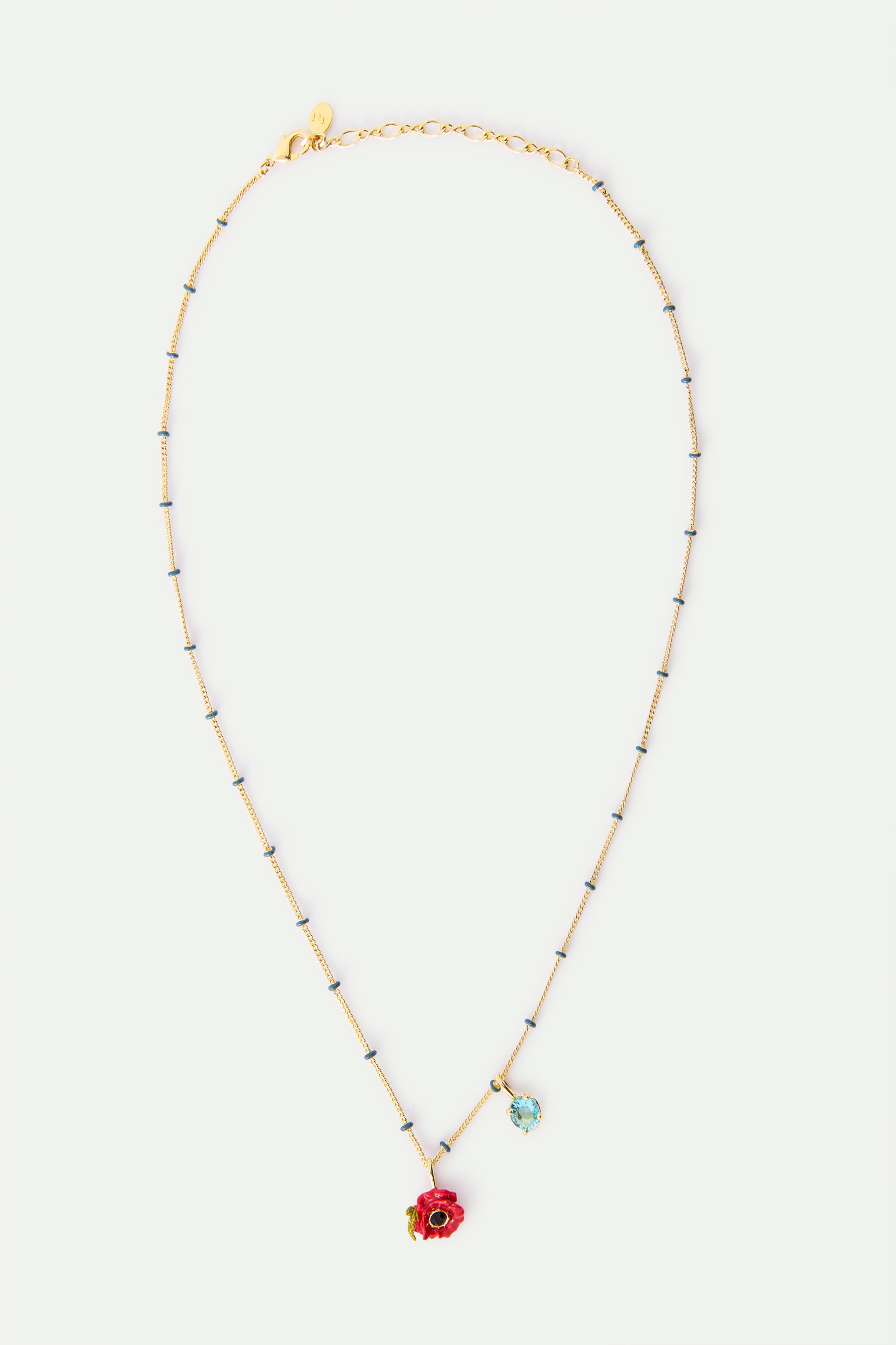 Pendant necklace with red poppy and round blue stone