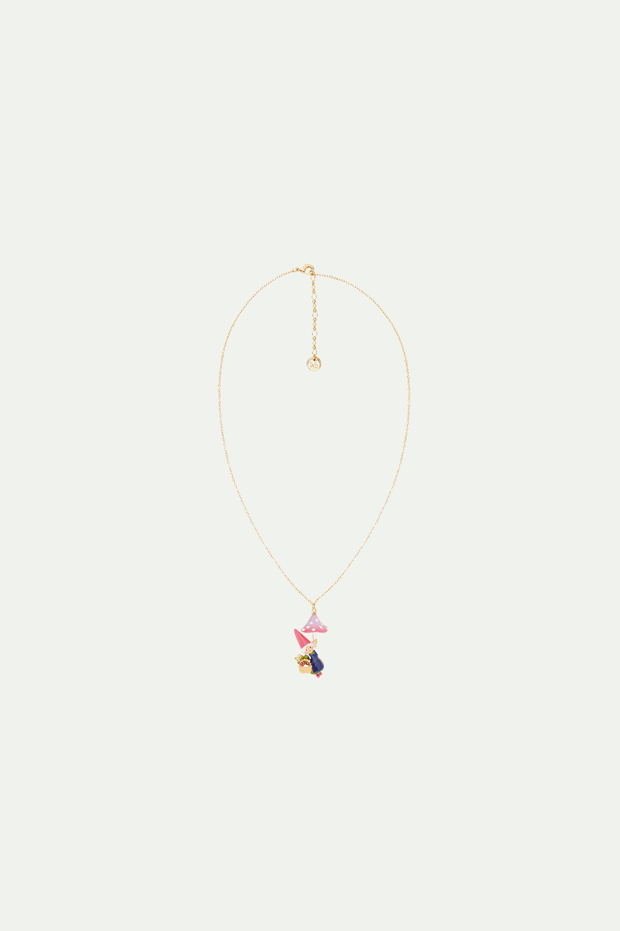 Garden gnome lady and mushroom picking pendant necklace