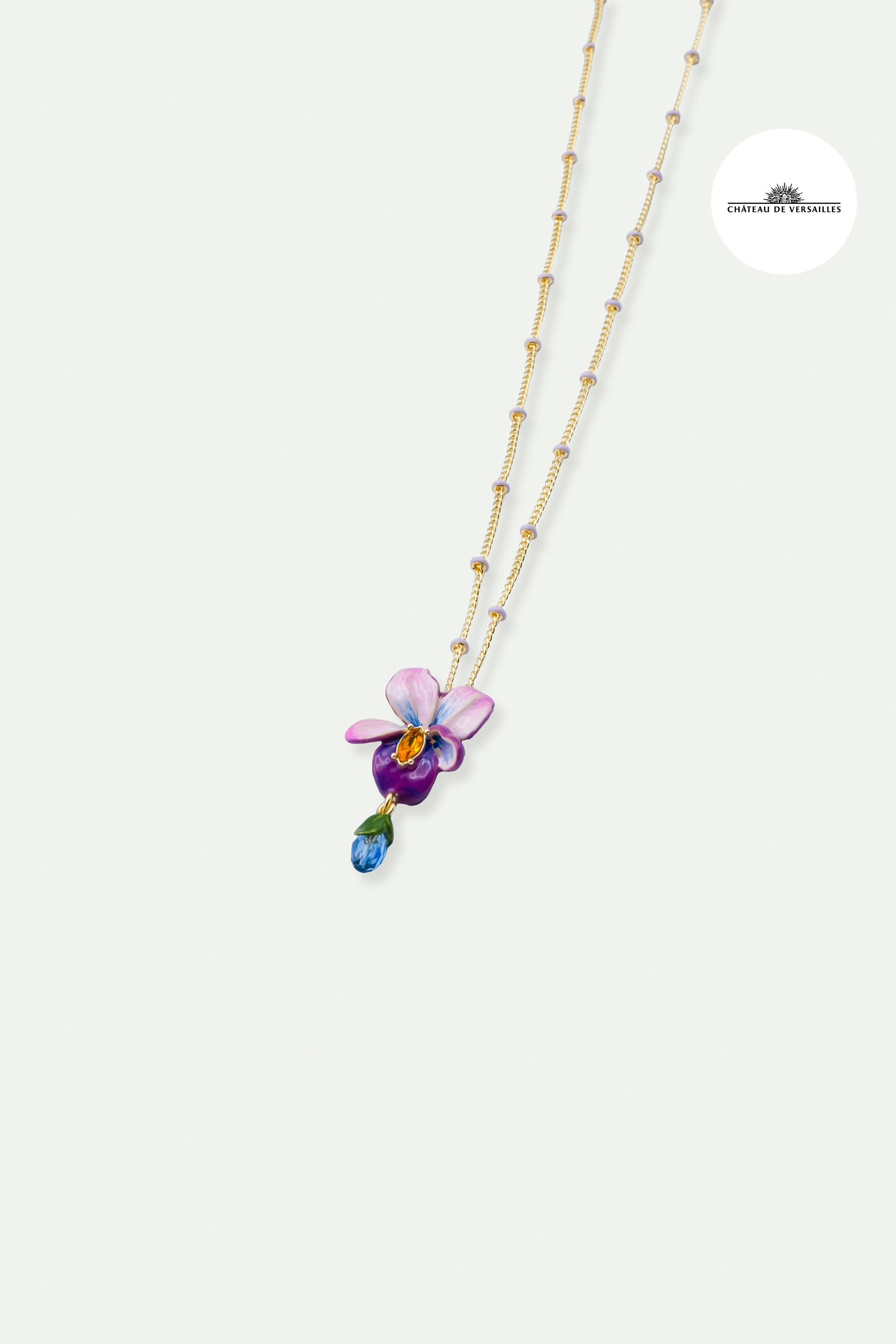 Violet flower and hanging blue stone beaded chain pendant necklace