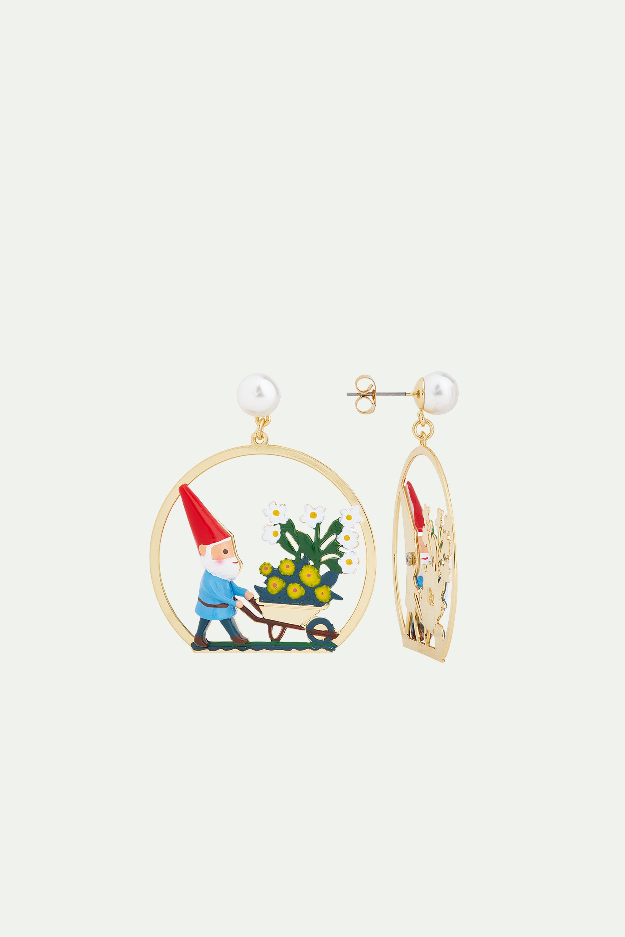 Garden gnome and flower picking clip-on earrings