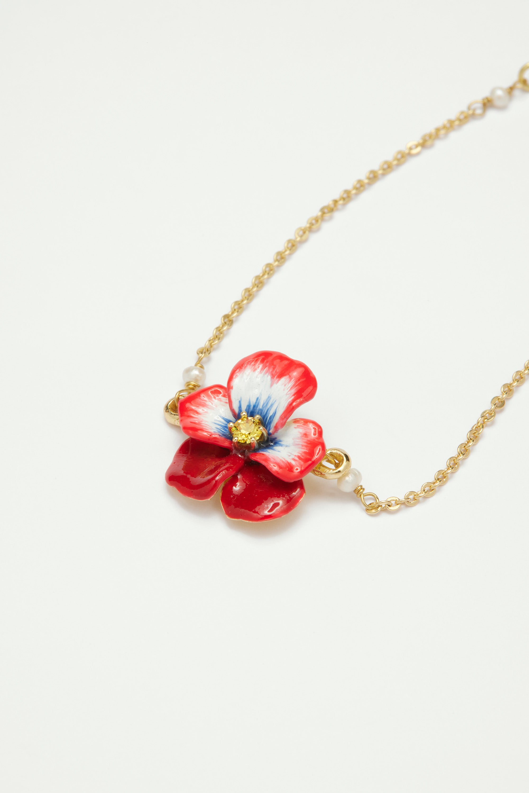 Red Pansy and faceted crystal thin link chain bracelet
