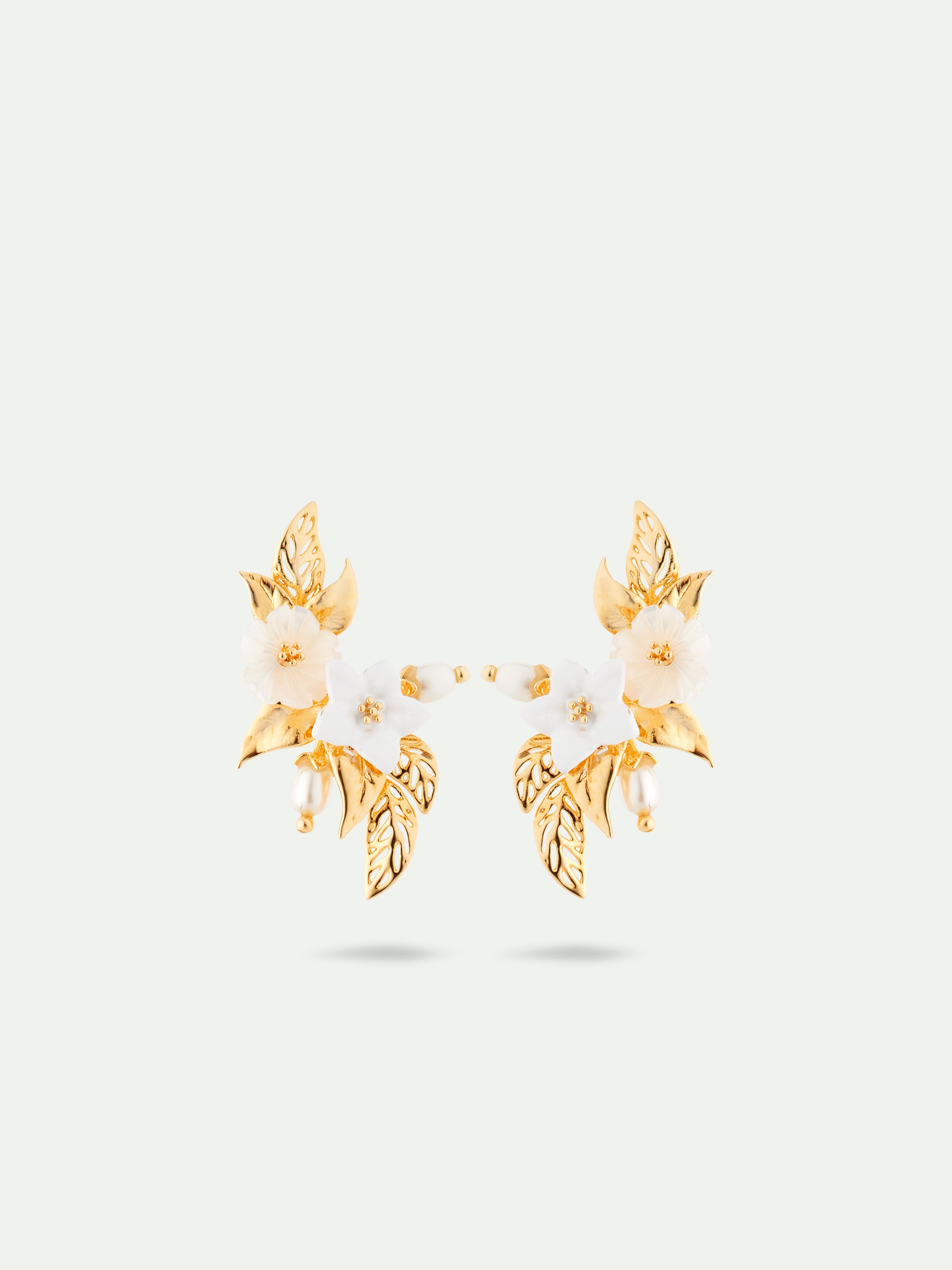 White jasmine and gold-plated leaves sleeper earrings