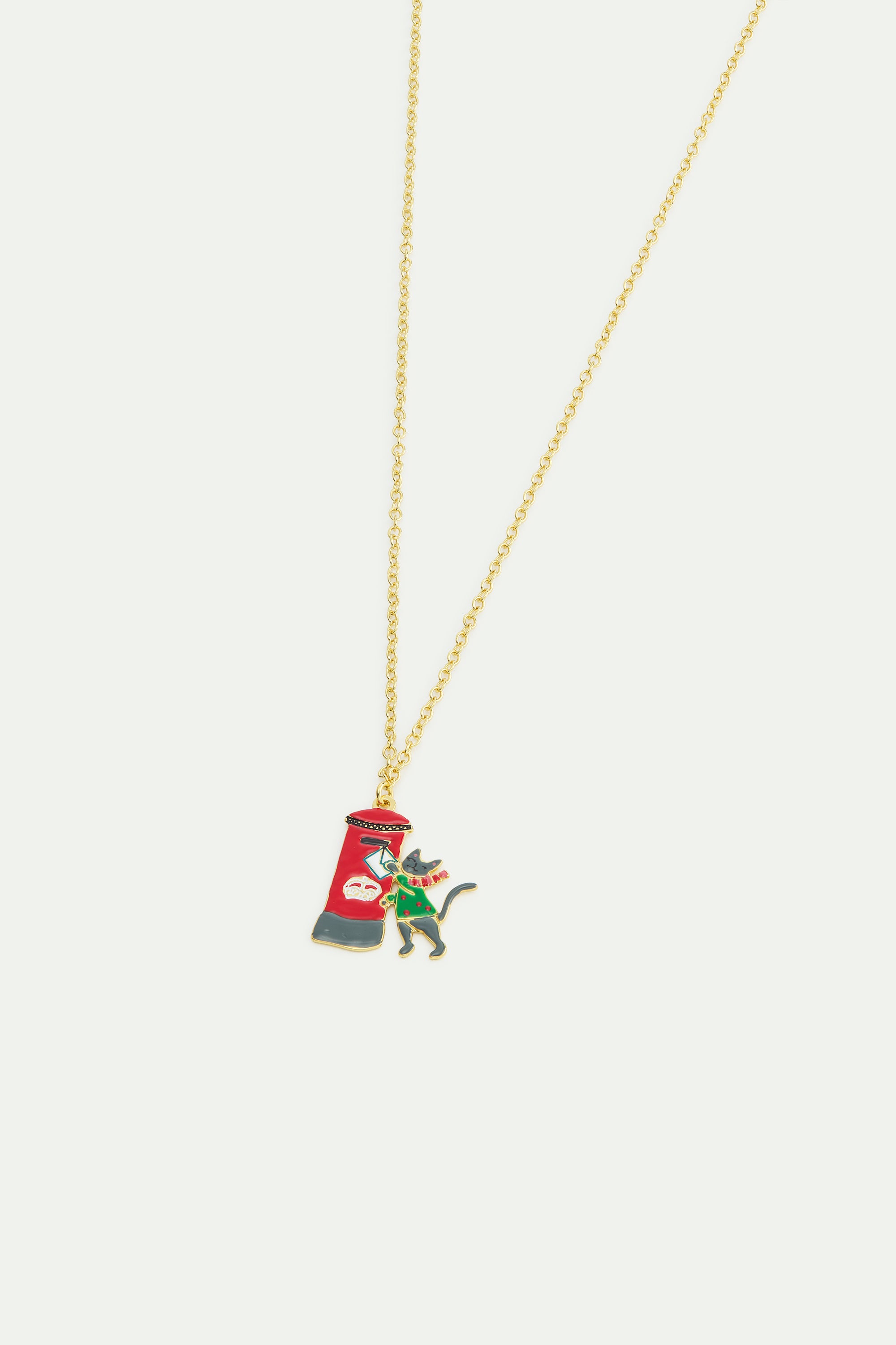 Pendant necklace with London red postbox, card, grey cat and green jumper
