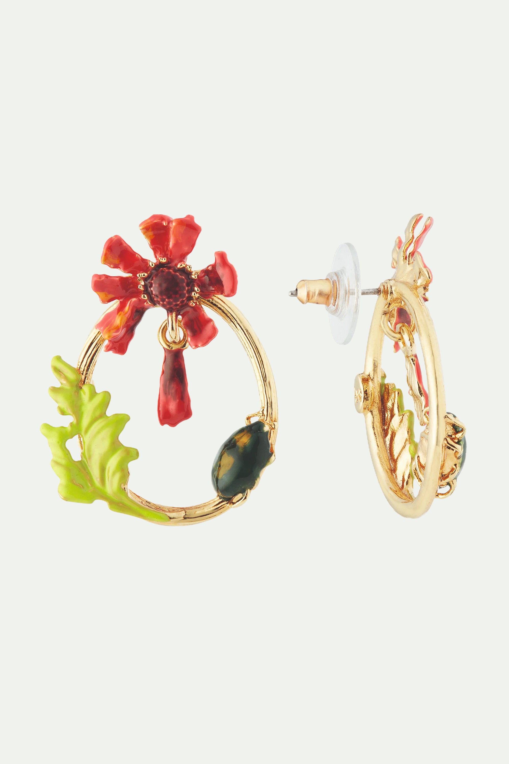 Ephemeral flower and scarab beetle post hoop earrings