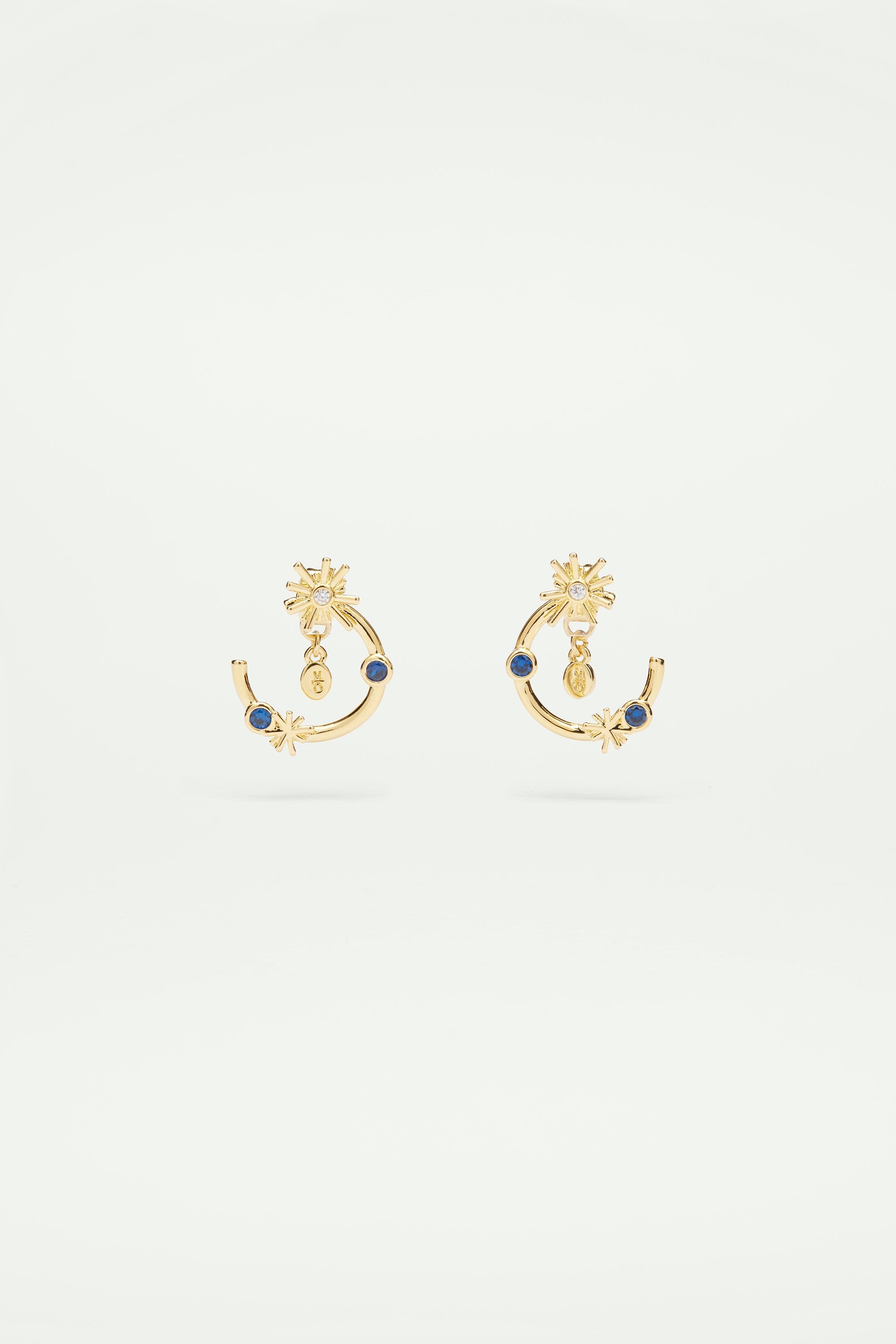 Gold stars and midnight blue stone post hoop earrings